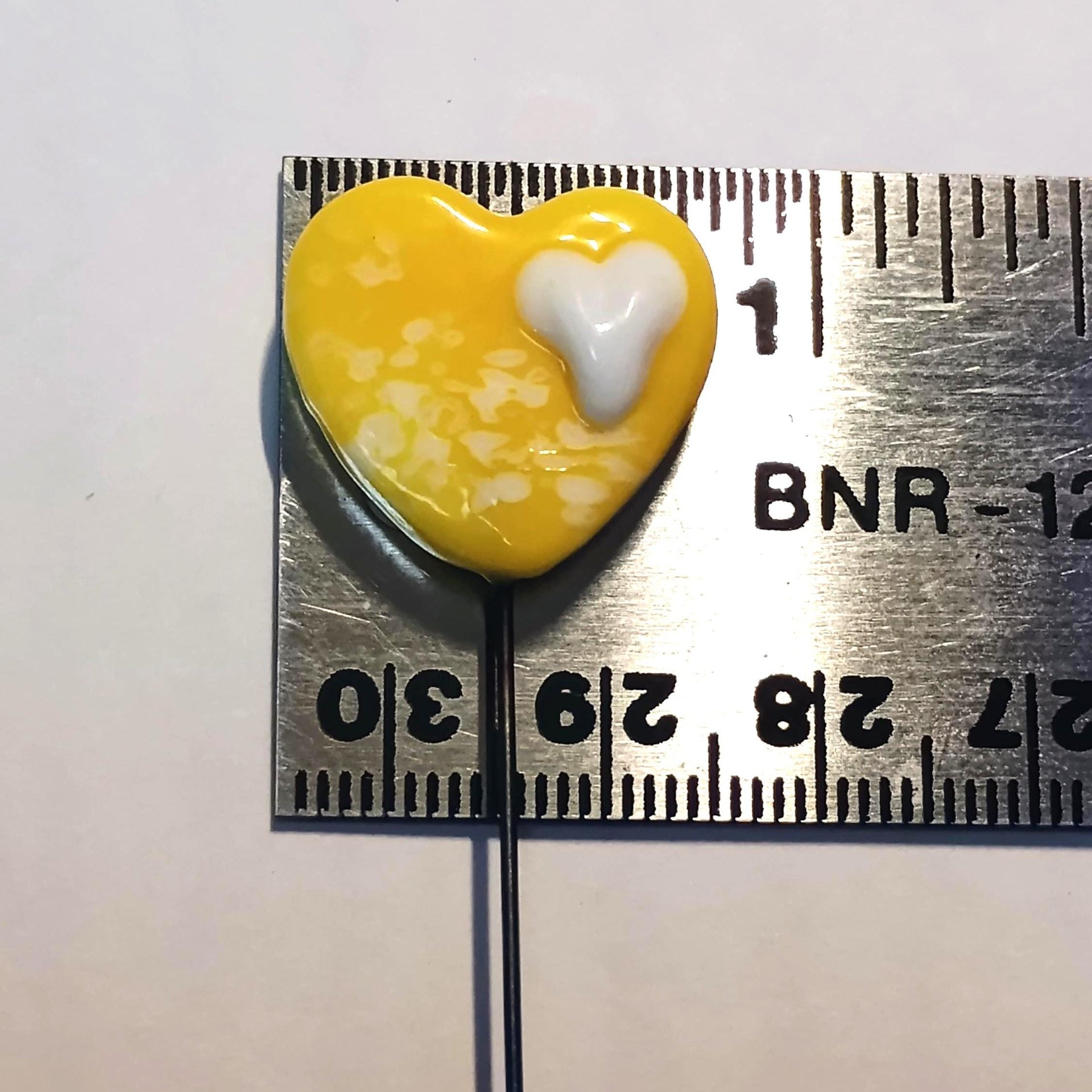 Glass Heart Plant Pick Bright Yellow w/ white heart on 5in wire. Use for floral bouquet, wedding, cake decor, plants, jewelry, gifts; 3/4in