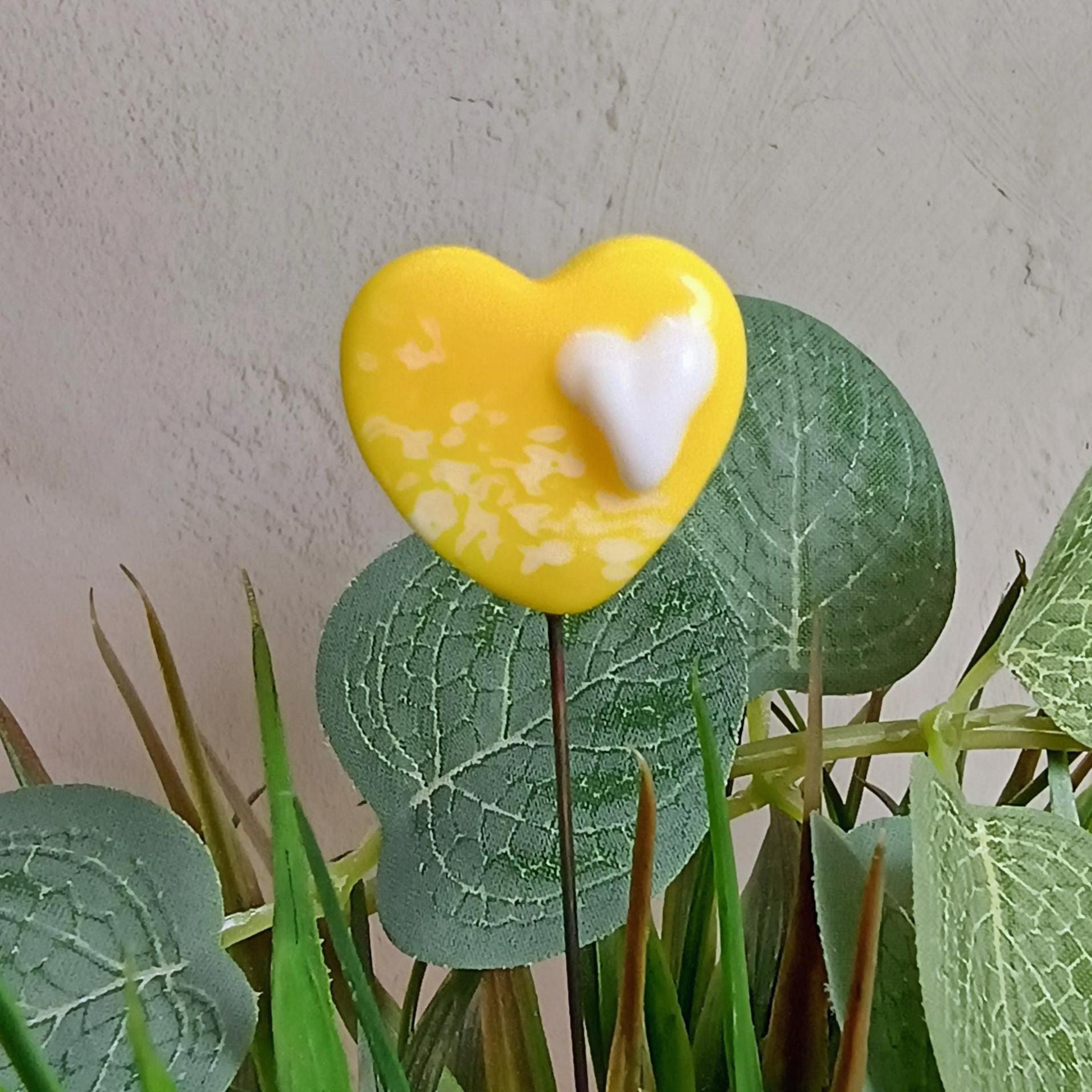 Glass Heart Plant Pick Bright Yellow w/ white heart on 5in wire. Use for floral bouquet, wedding, cake decor, plants, jewelry, gifts; 3/4in