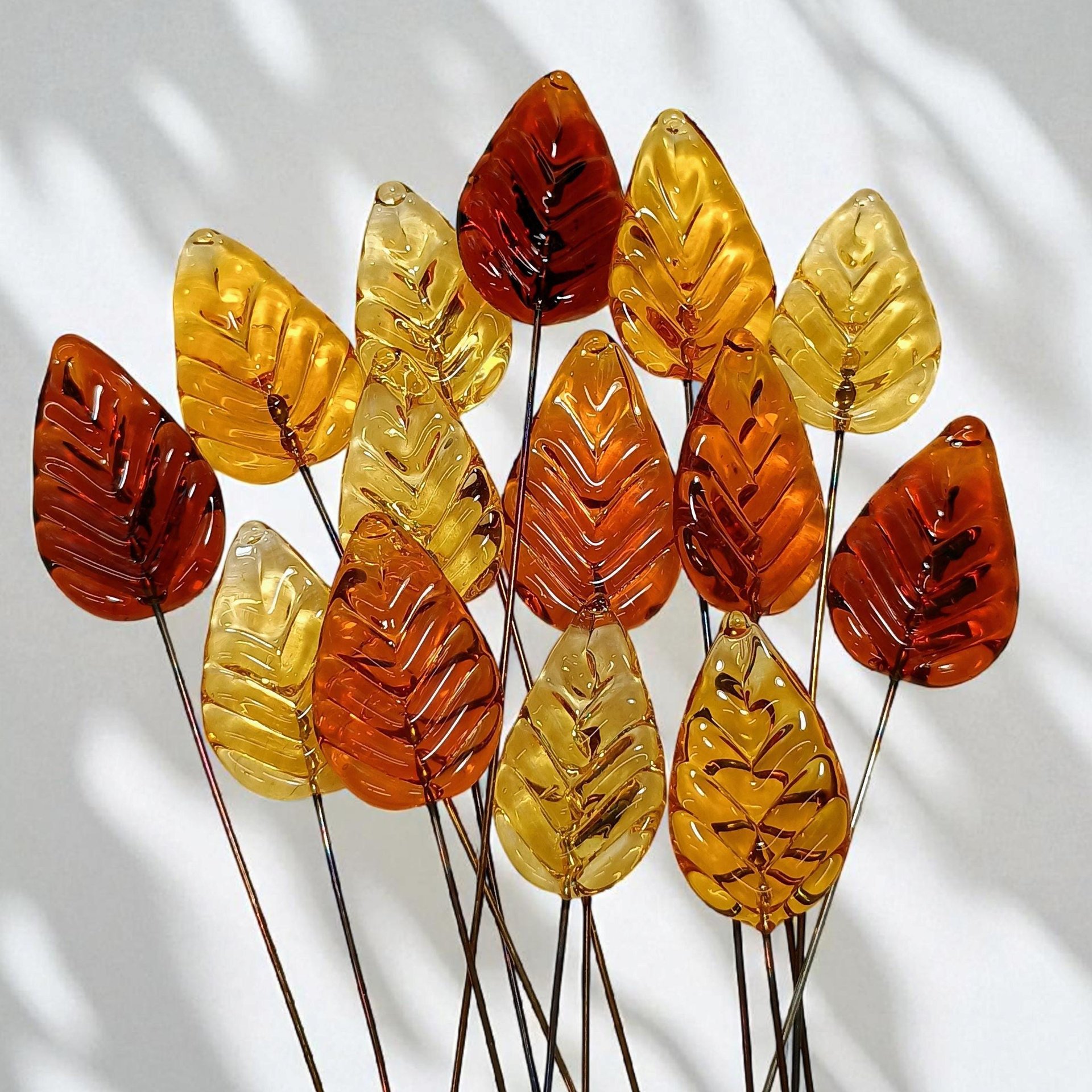 Amber Glass Leaves variety of ambers, fall autumn leaf on 5" wire; each unique; pendant, jewelry, bouquet, plants, wedding, mixed media