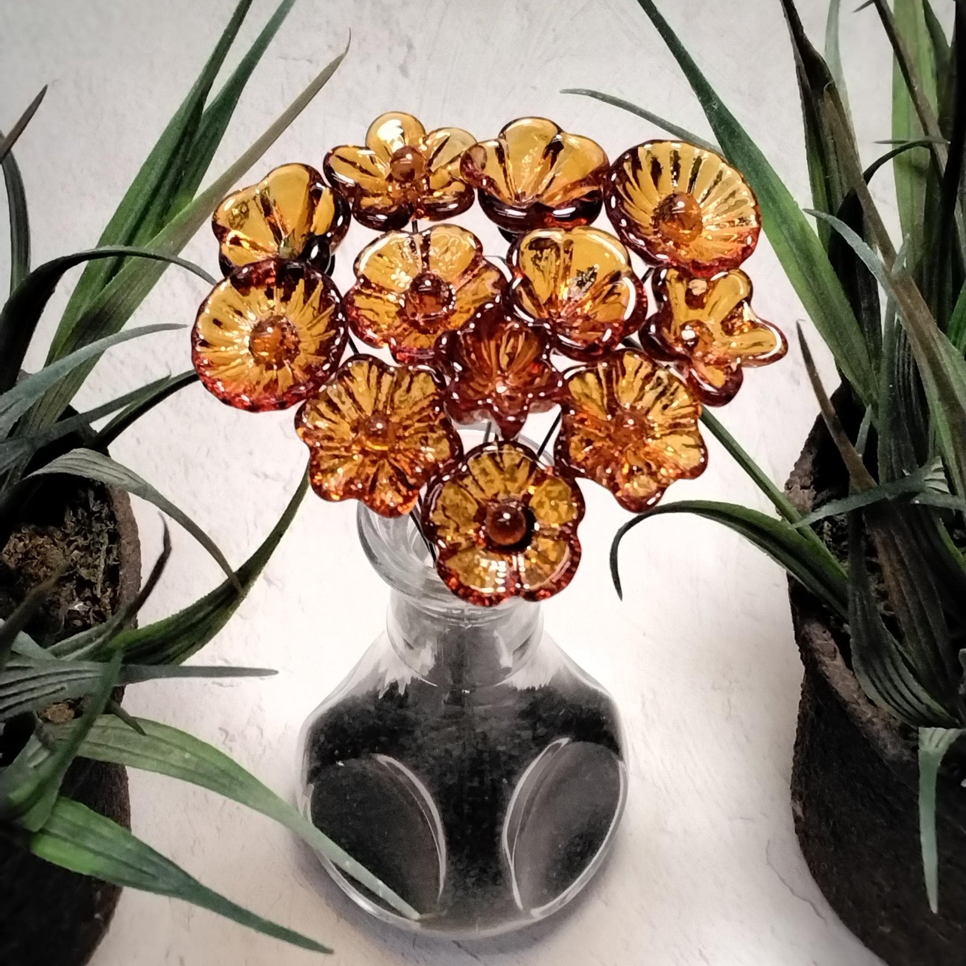 Medium Amber glass flowers, mini tiny small glass flowers on wire; handcrafted lampwork, jewelry, gifts, wedding, bouquets, mixed media