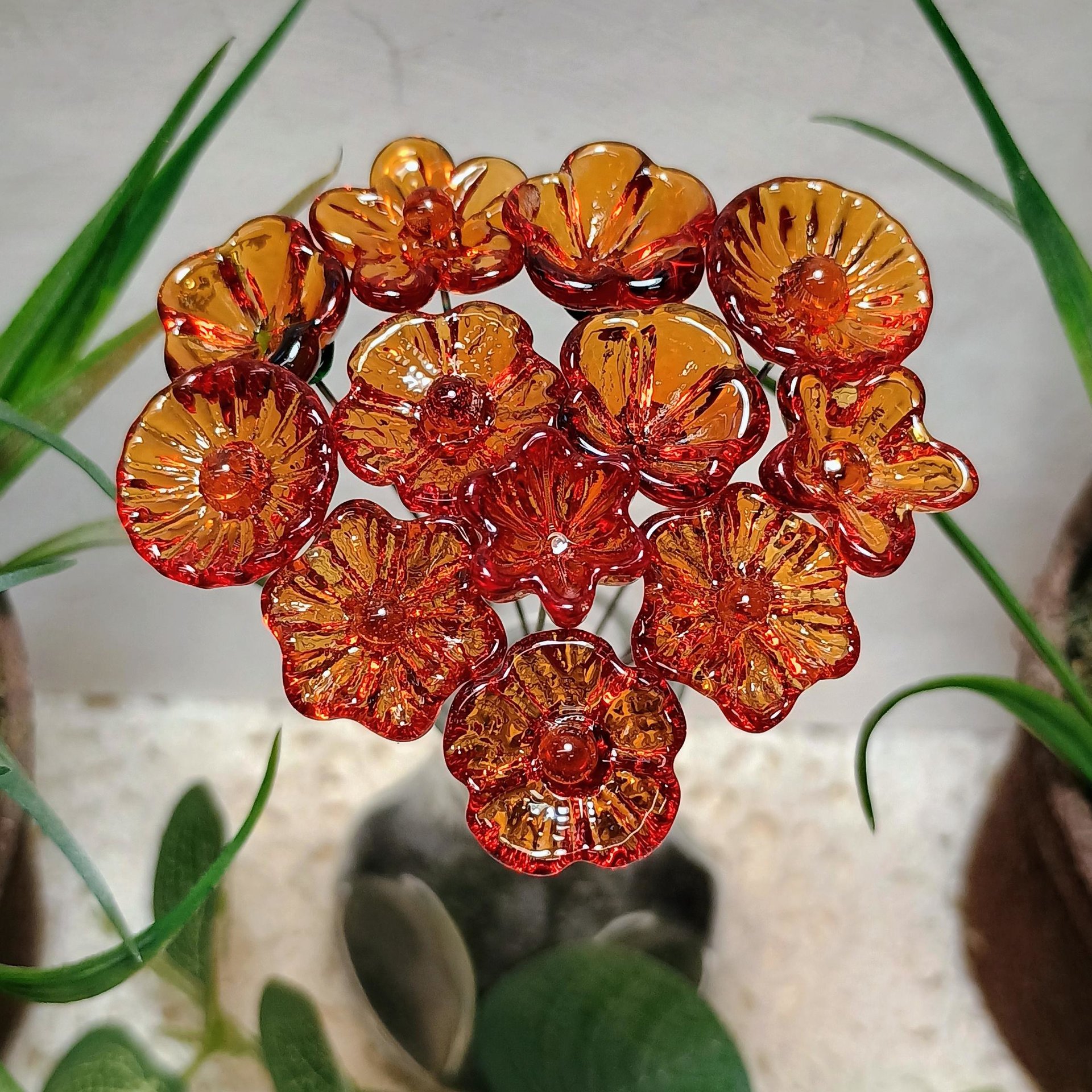 Medium Amber glass flowers, mini tiny small glass flowers on wire; handcrafted lampwork, jewelry, gifts, wedding, bouquets, mixed media