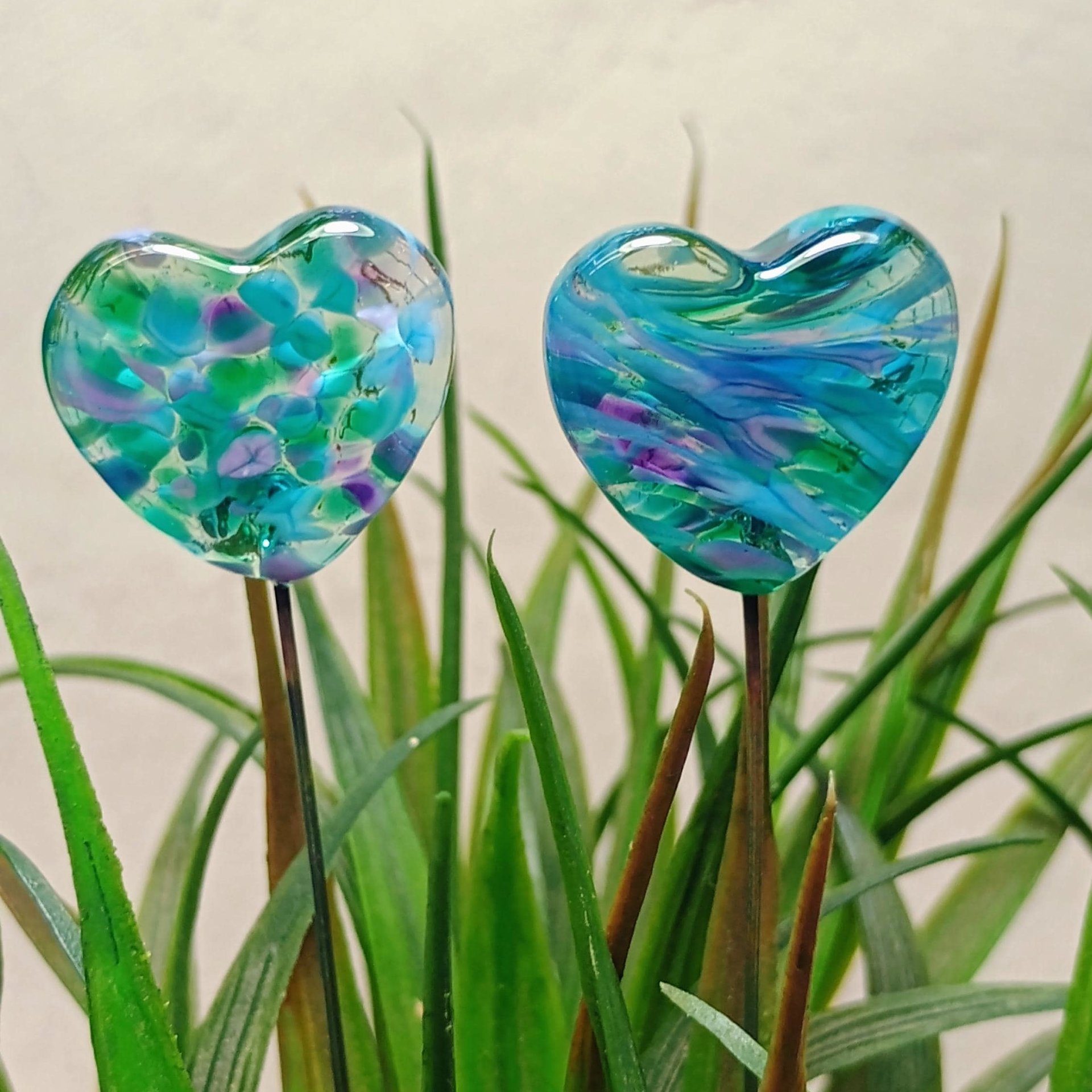 Glass Heart Plant Pick: Emerald Island, Heart on 5in wire. Use for floral bouquet, plants, jewelry, gifts; each unique Measures 3/4in