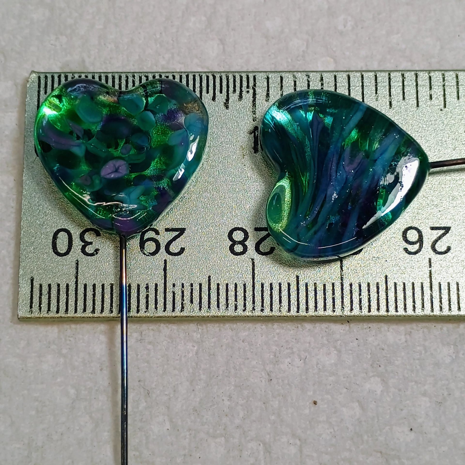 Glass Heart Plant Pick: Emerald Island, Heart on 5in wire. Use for floral bouquet, plants, jewelry, gifts; each unique Measures 3/4in