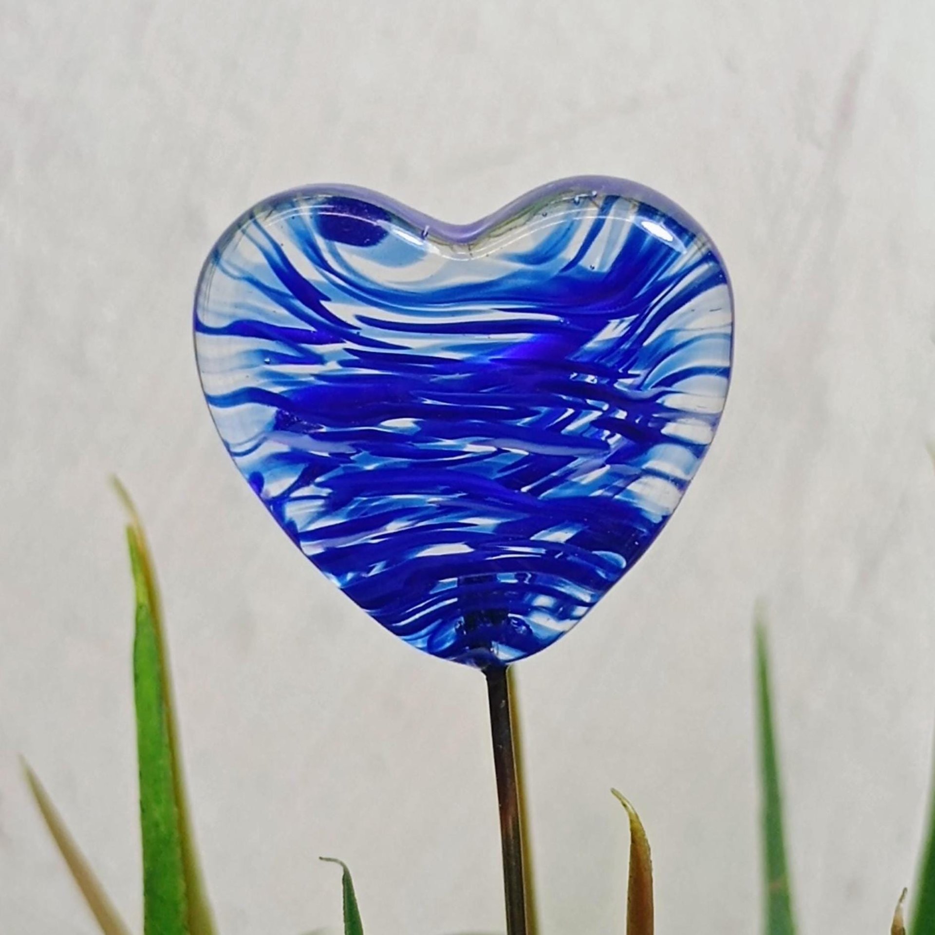 Glass Heart Plant Pick, Dark Blue Mix on clear 5in wire. Use for floral bouquet, wedding, cake decor, plants, jewelry, gifts; handmade 3/4in