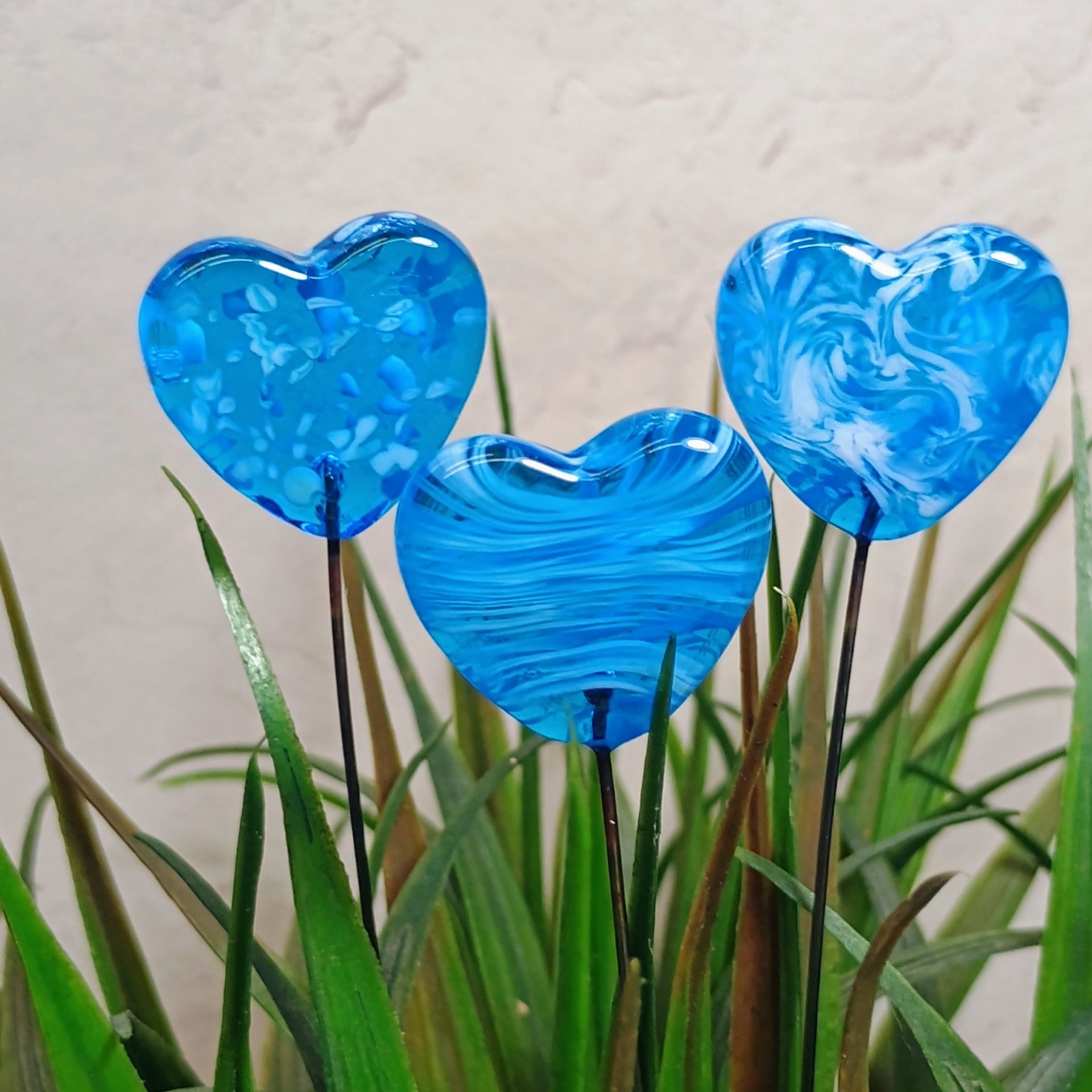 Glass Heart Plant Pick: Aqua and White, Heart on 5in wire. Use for floral bouquet, plants, jewelry, gifts; each unique handmade, 3/4in