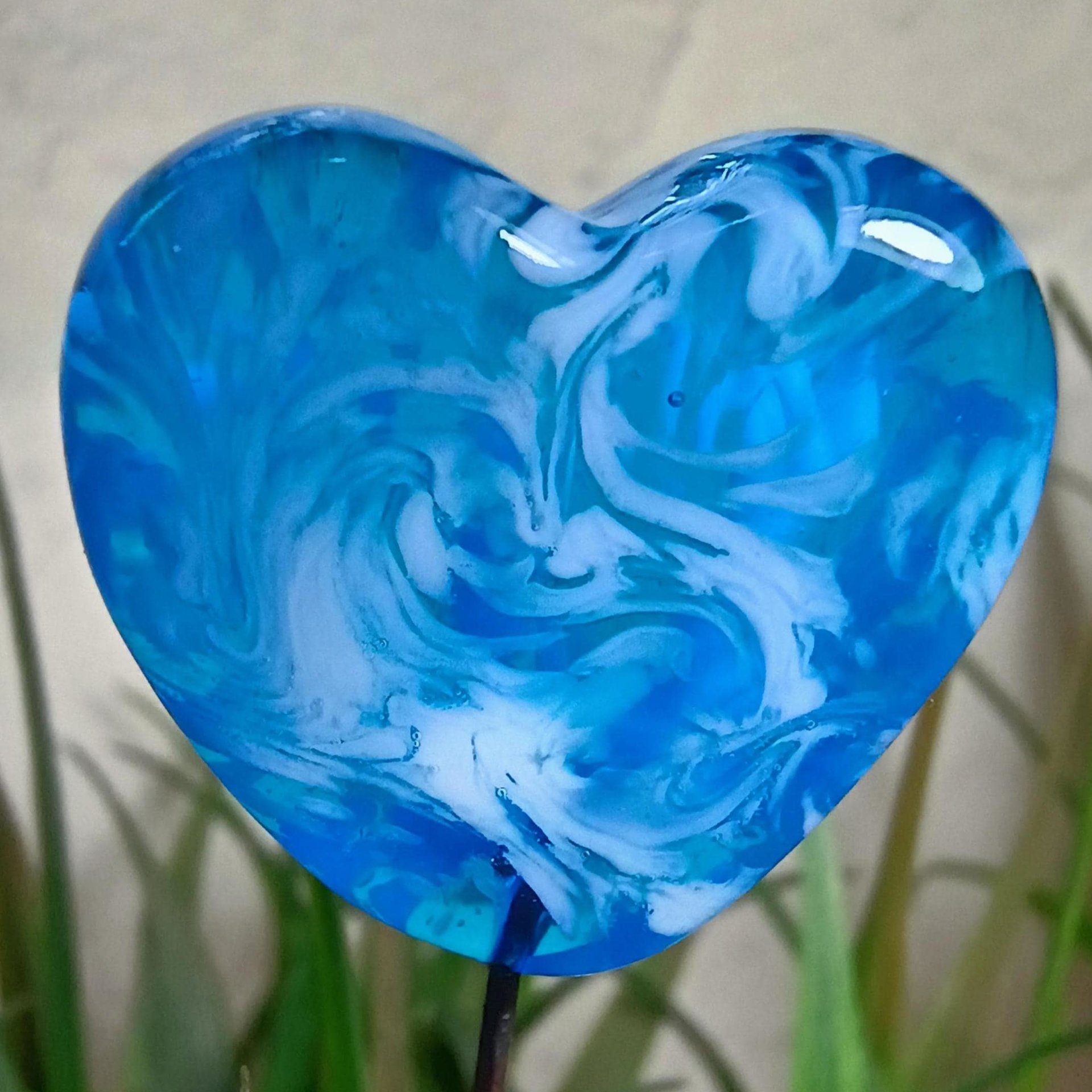 Glass Heart Plant Pick: Aqua and White, Heart on 5in wire. Use for floral bouquet, plants, jewelry, gifts; each unique handmade, 3/4in