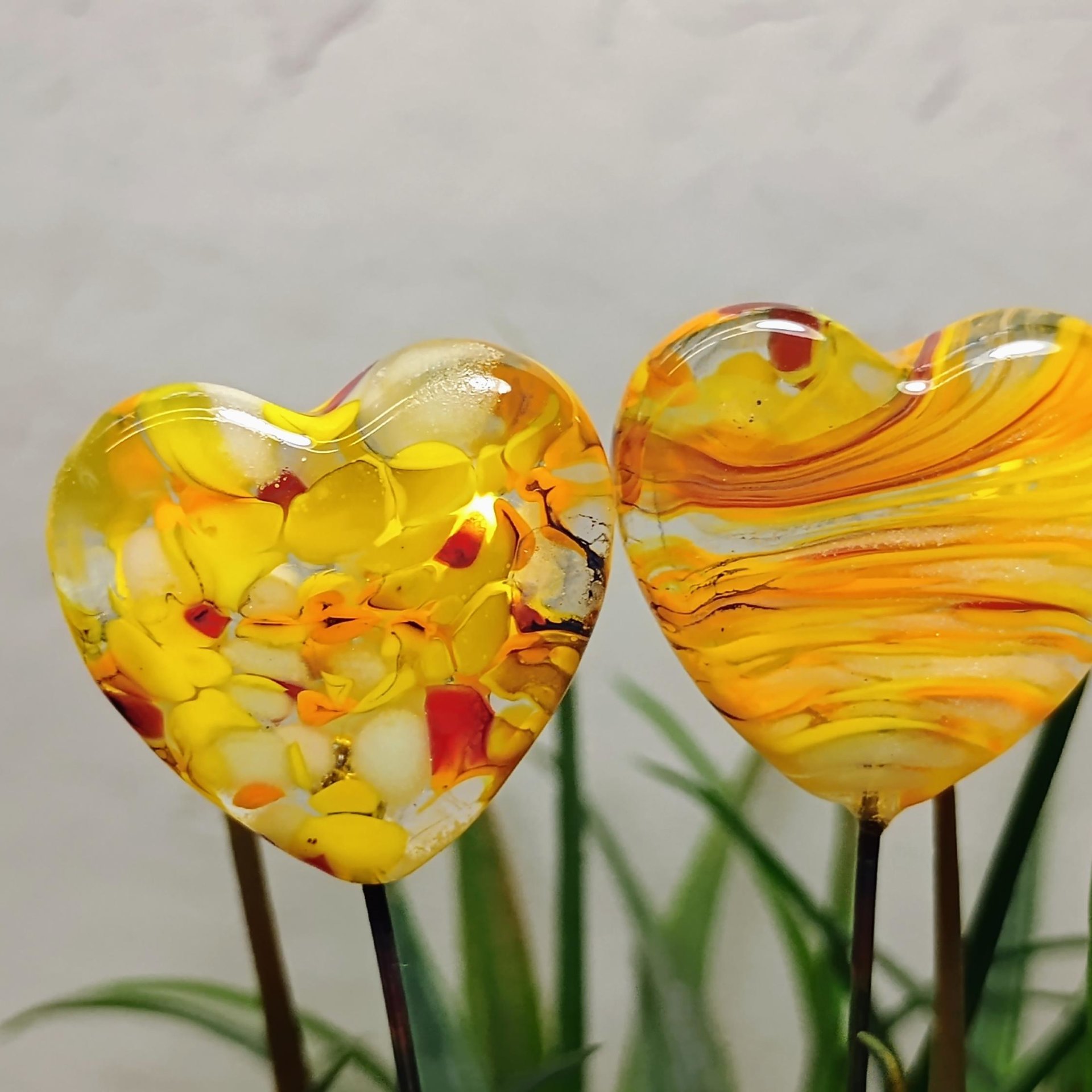Glass Heart Yellow SunSprinkles Plant Pick on 5in wire. Floral bouquet, plants, jewelry, wedding cake, table decor, gifts; each unique 3/4in