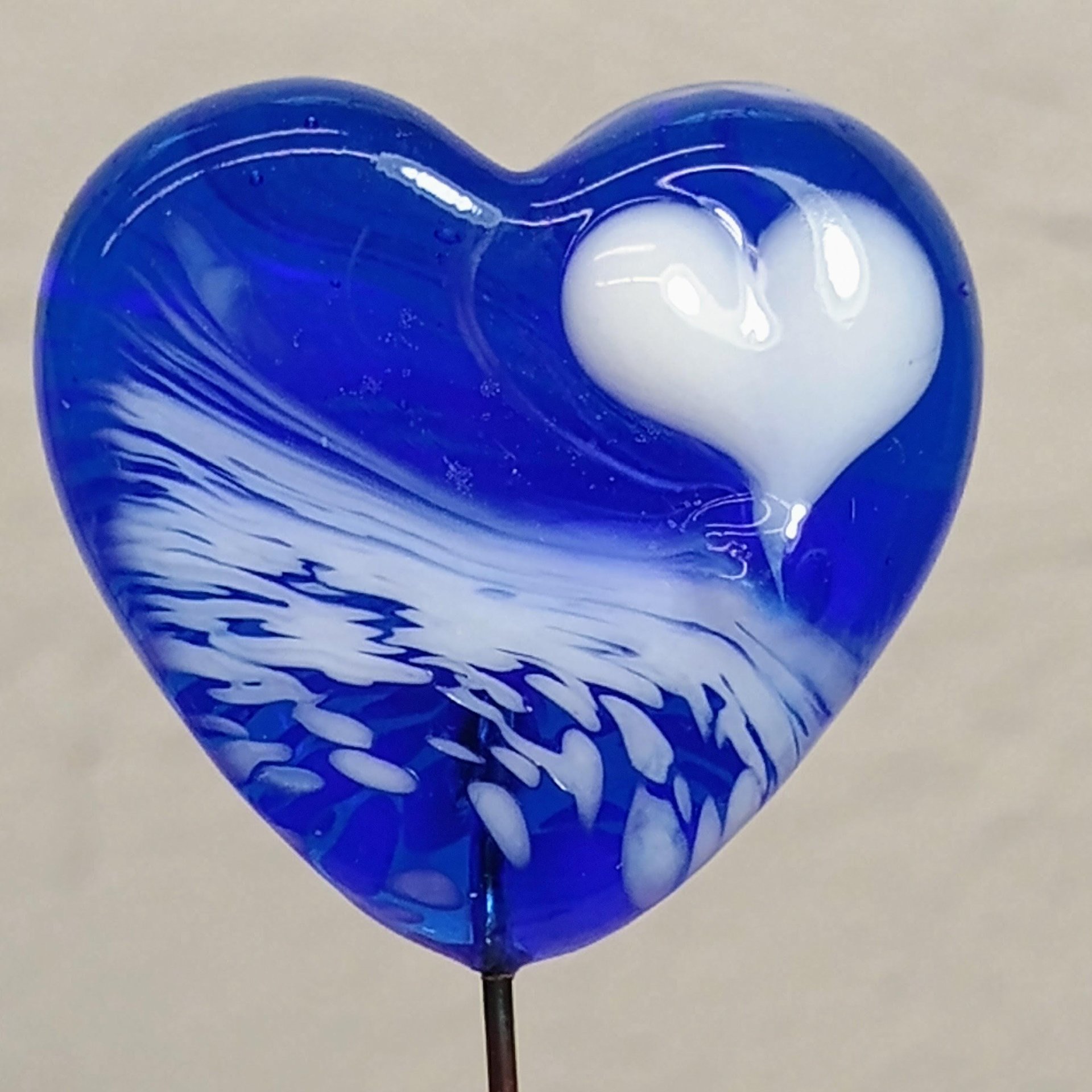 Custom Made Glass Heart Plant Pick for small floral bouquet, 3/4"x5in wire; handcraft lampwork, jewelry, gift, curio, windowsill, small vase