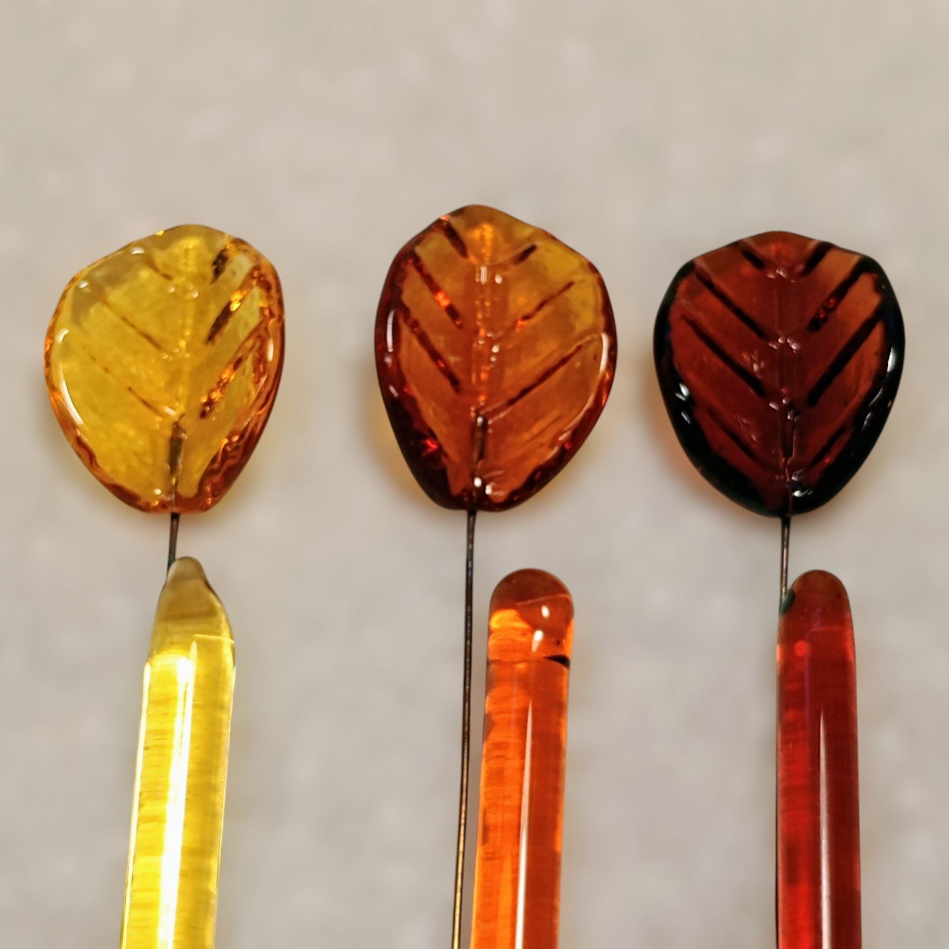 Amber Bent Glass Leaves fall autumn, leaf on 5" wire, variety of ambers; lampwork; pendant, jewelry, bouquet, plants, wedding, mixed media