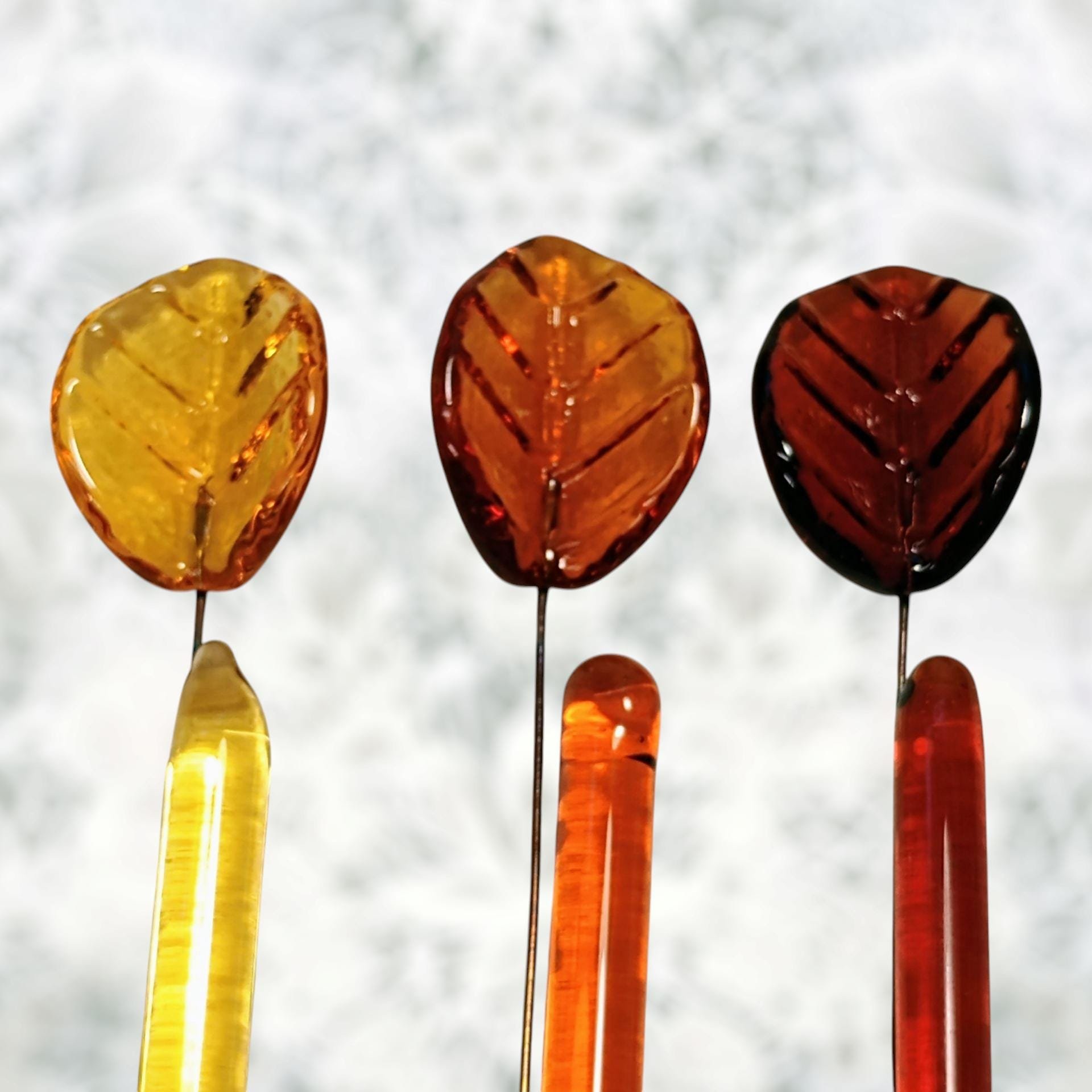 Amber Bent Glass Leaves fall autumn, leaf on 5" wire, variety of ambers; lampwork; pendant, jewelry, bouquet, plants, wedding, mixed media