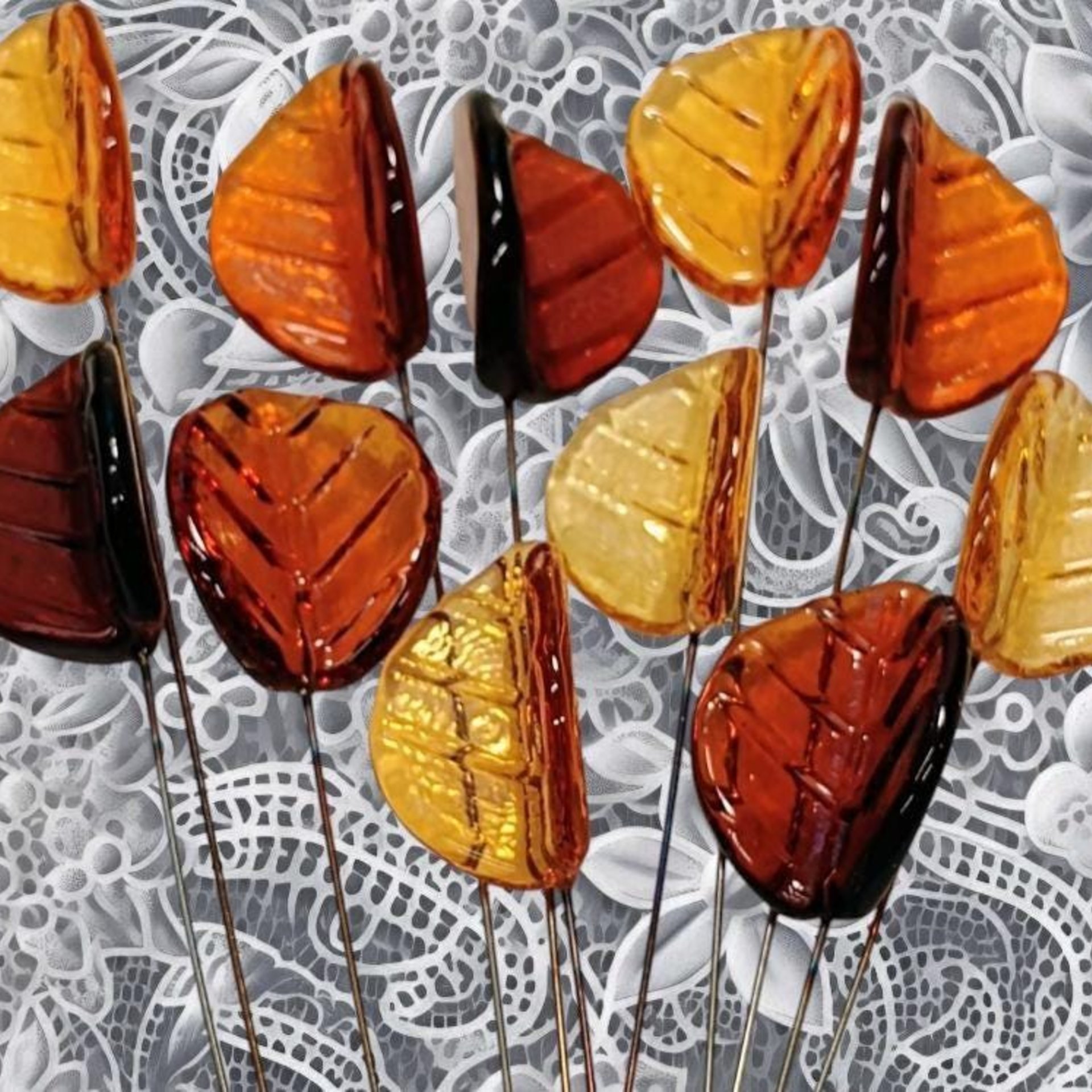 Amber Bent Glass Leaves fall autumn, leaf on 5" wire, variety of ambers; lampwork; pendant, jewelry, bouquet, plants, wedding, mixed media