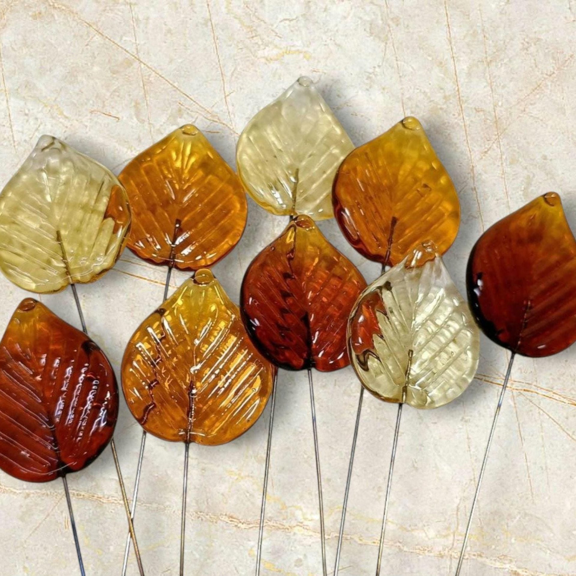 Amber Elegant Glass Leaves fall autumn, leaf on 5" wire, pendant, amber colors; handcrafted; jewelry, bouquet, plants, wedding, mixed media