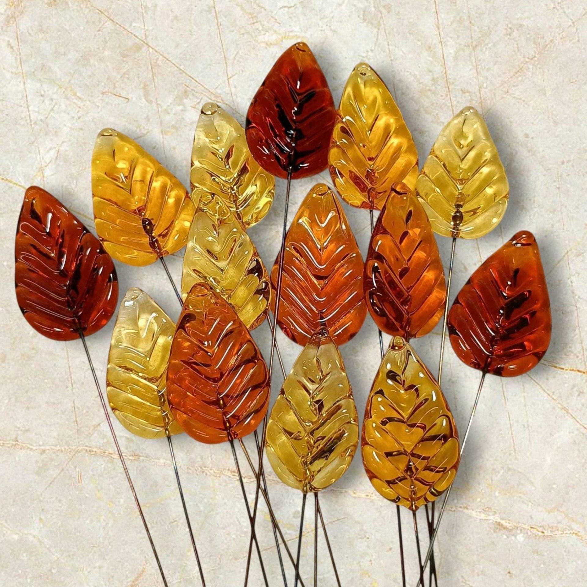 Amber Glass Leaves variety of ambers, fall autumn leaf on 5" wire; each unique; pendant, jewelry, bouquet, plants, wedding, mixed media