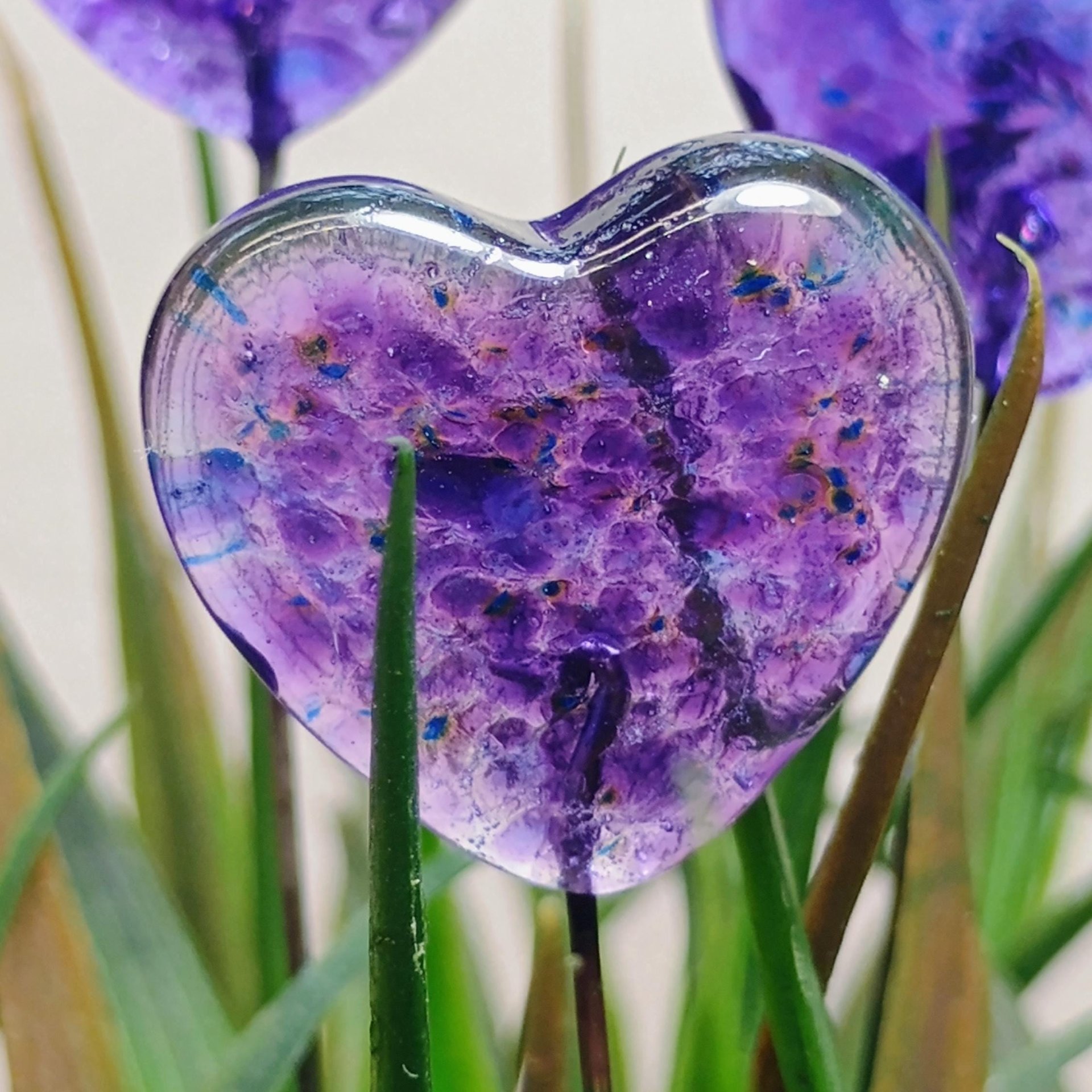 Glass Heart Plant Pick, Purple Mix on clear, 5in wire. Use for floral bouquet, wedding, cake decor, plants, jewelry, gifts; handmade 3/4in