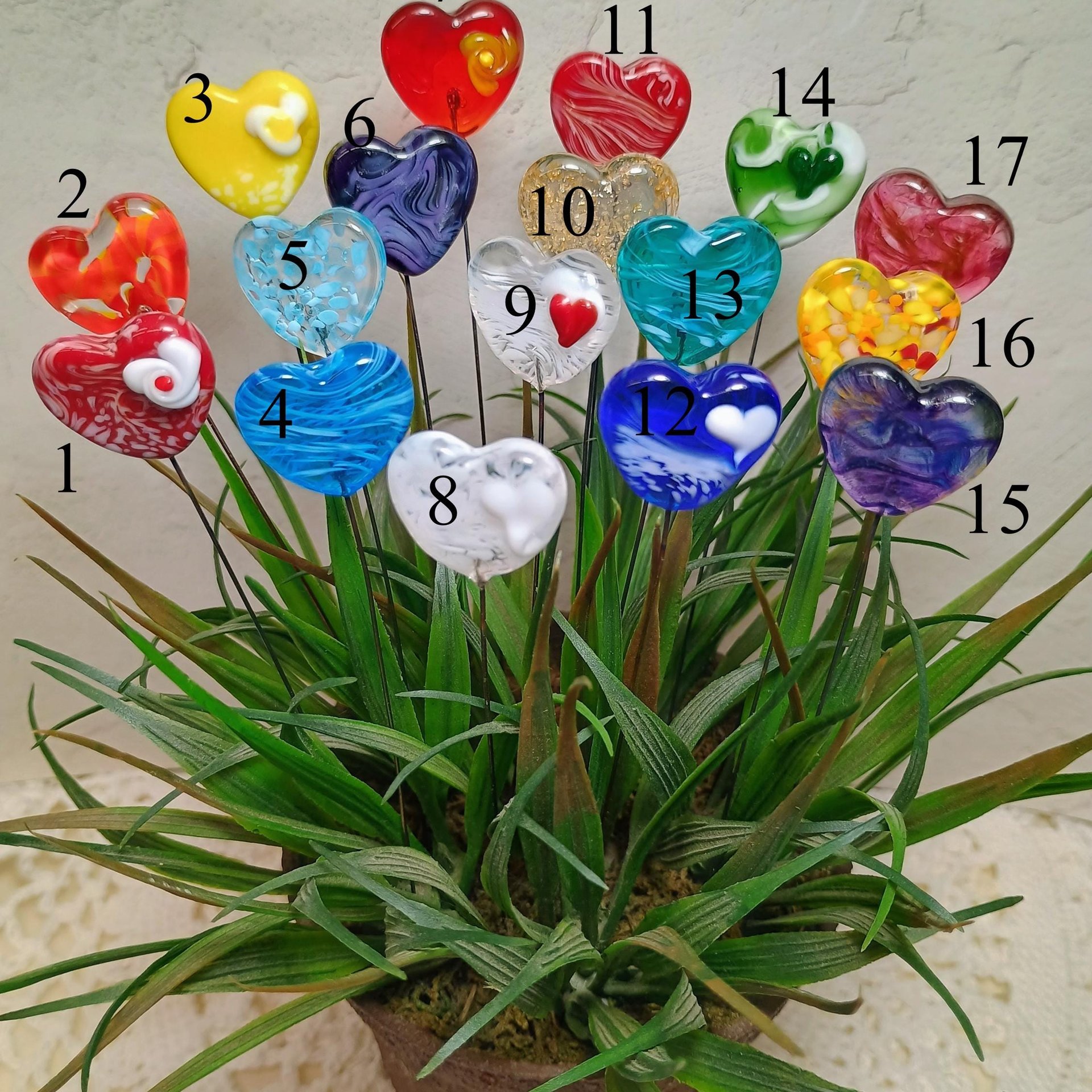 Custom Made Glass Heart Plant Pick for small floral bouquet, 3/4"x5in wire; handcraft lampwork, jewelry, gift, curio, windowsill, small vase