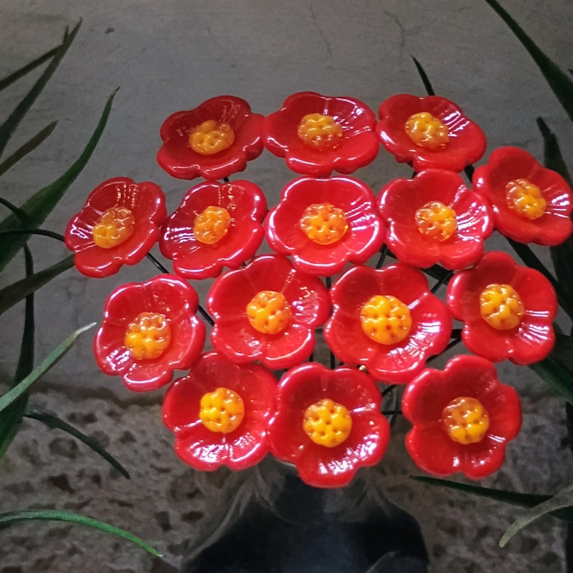 Red Embers Opaque UV Reactive - glass flowers on wire mini small tiny glass flowers; individually crafted lampwork, 395nm glows orange in UV
