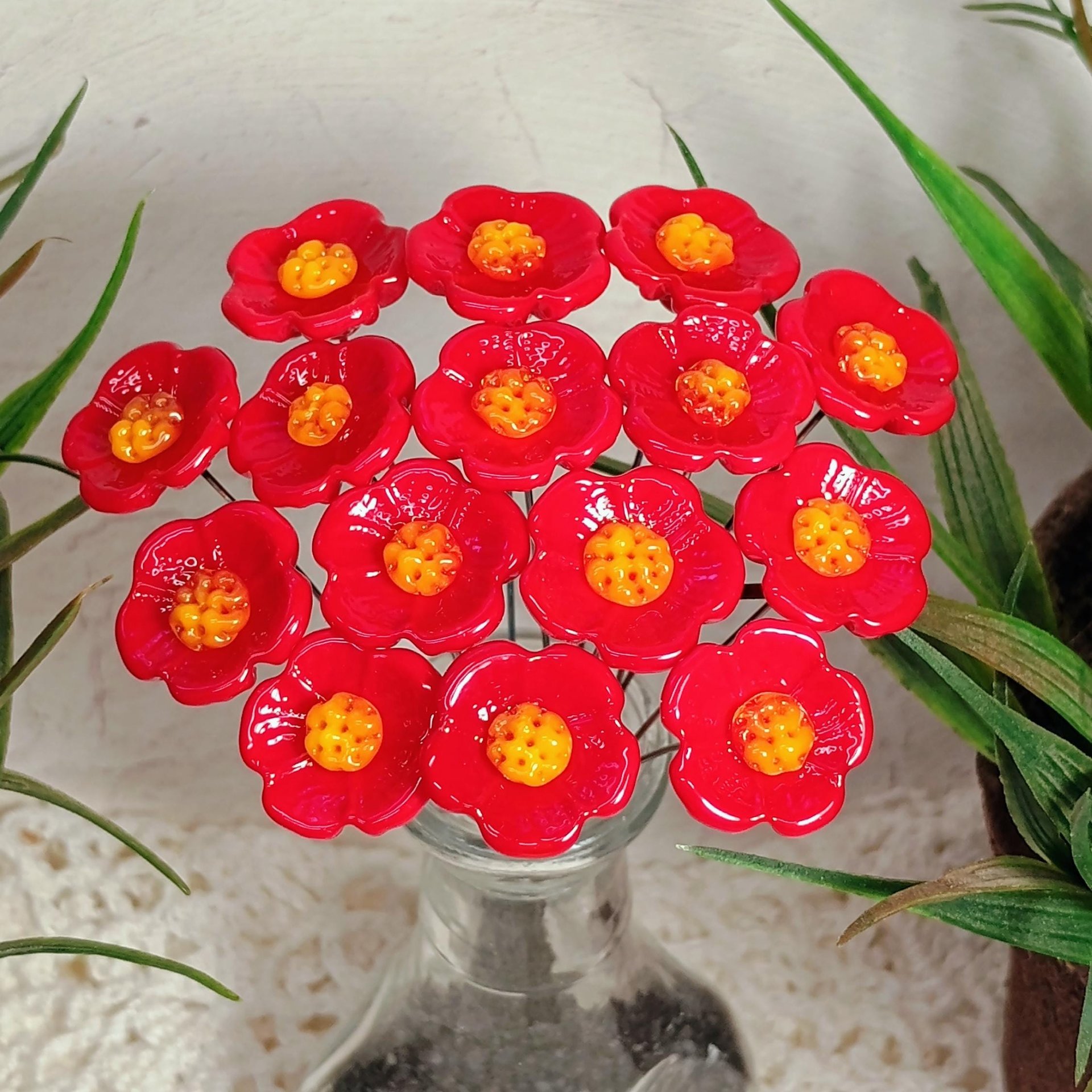 Red Embers Opaque UV Reactive - glass flowers on wire mini small tiny glass flowers; individually crafted lampwork, 395nm glows orange in UV