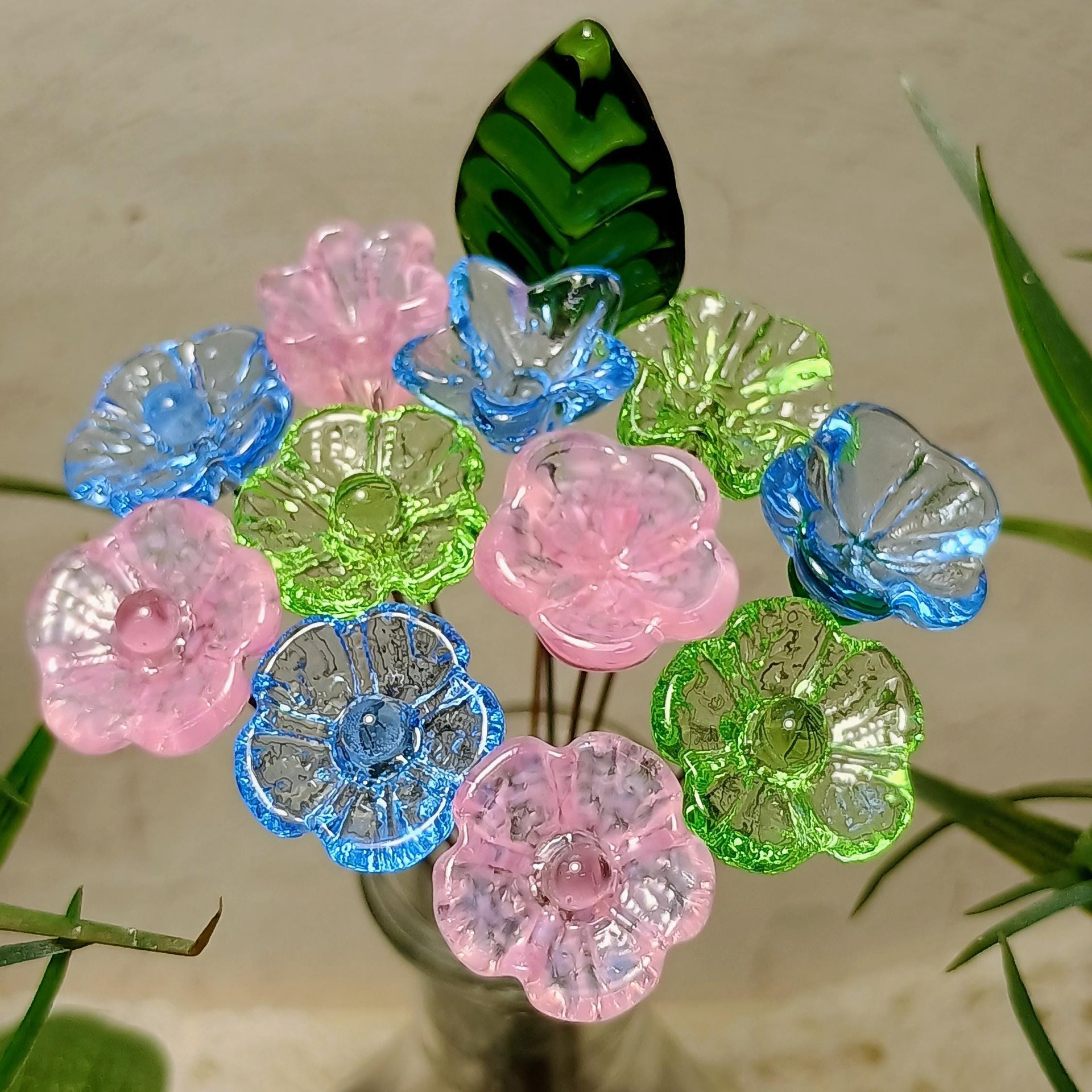 Pink and Blue Glass Flower Bouquet, tiny small flowers; handmade lampwork, gift, wedding, pastel, jewelry, baby, it's a boy, gender reveal