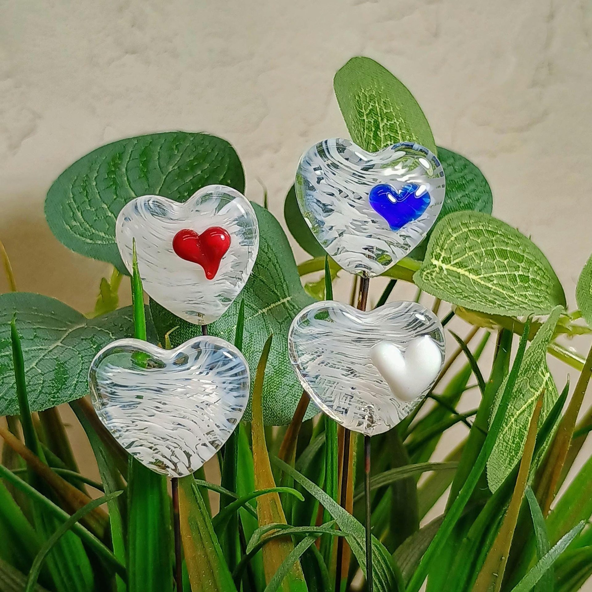 Glass Heart Plant Pick: White Swirl Heart on 5in wire. Use for floral bouquet, plants, jewelry, gifts; each handmade, Measures 3/4in x 3/4in