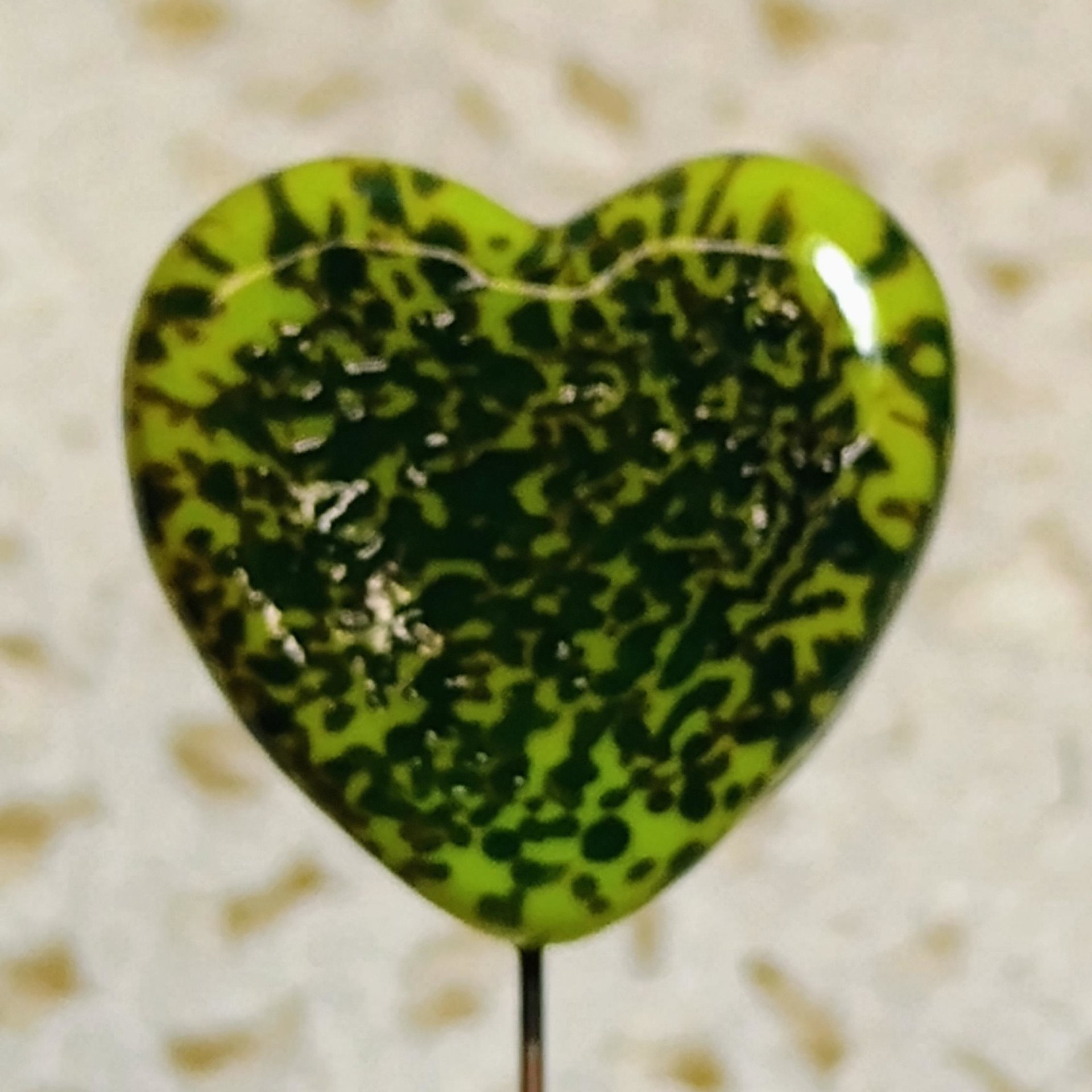Glass Heart Plant Pick: Green Frog Skin Heart on 5in wire. Use for floral bouquet, plants, jewelry, gifts; each unique Measures 3/4in