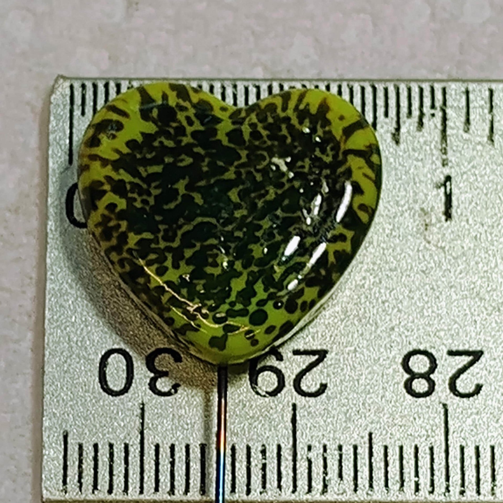 Glass Heart Plant Pick: Green Frog Skin Heart on 5in wire. Use for floral bouquet, plants, jewelry, gifts; each unique Measures 3/4in