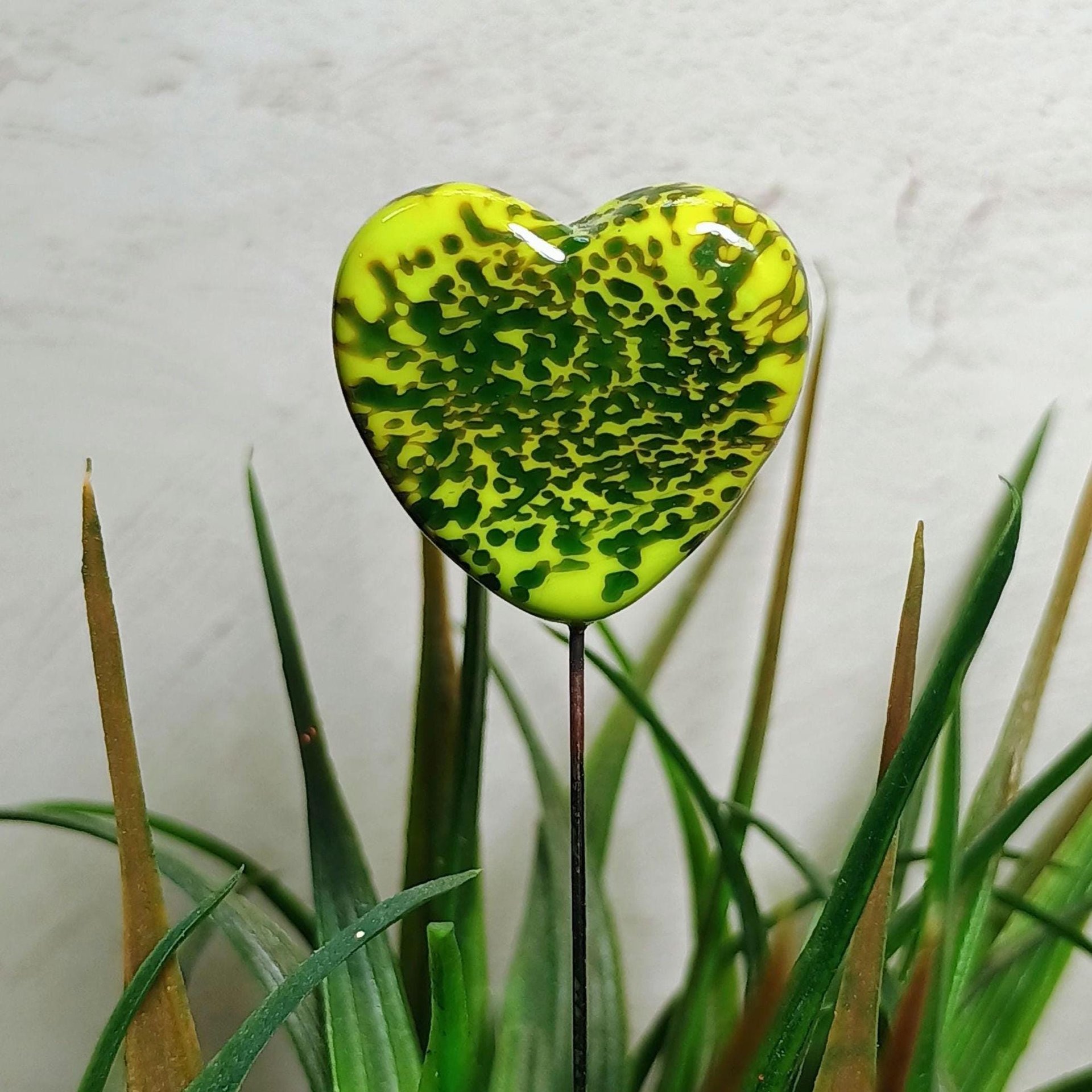 Glass Heart Plant Pick: Green Frog Skin Heart on 5in wire. Use for floral bouquet, plants, jewelry, gifts; each unique Measures 3/4in