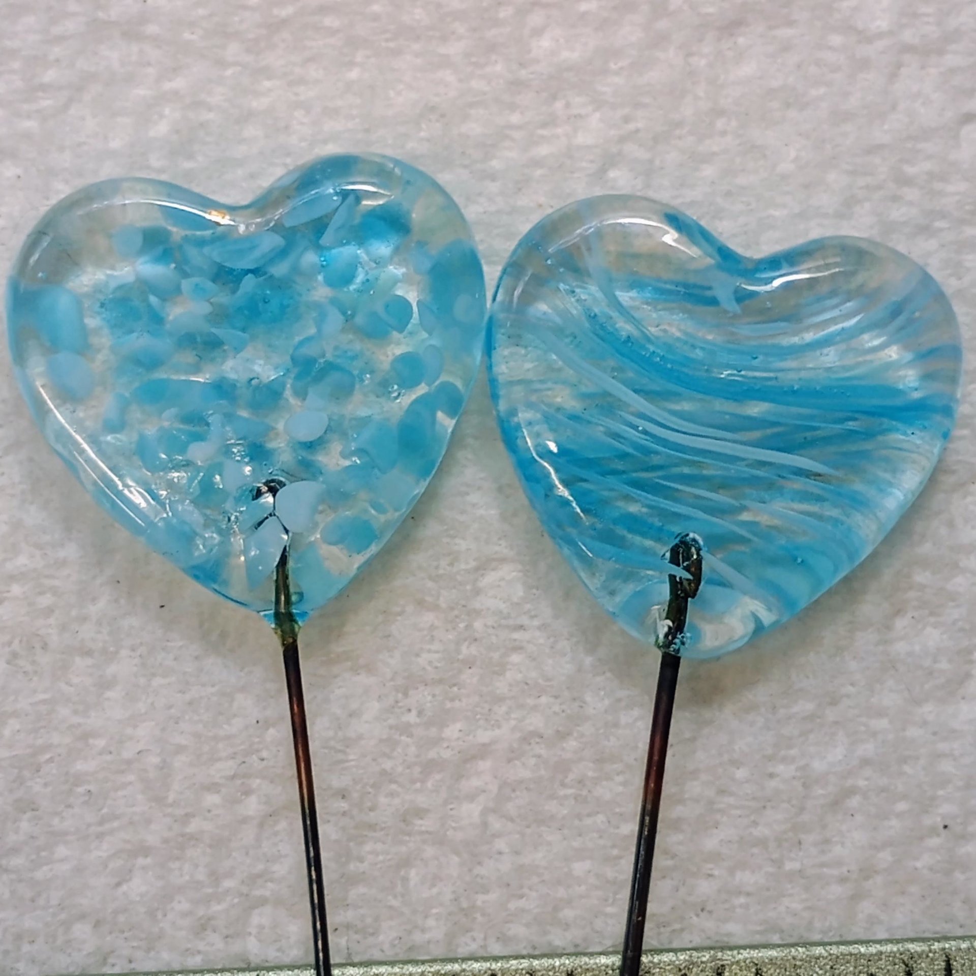 Glass Heart Turquoise Plant Pick on 5in wire. Use for floral bouquet, plants, jewelry, wedding cake or table decor, gifts; each unique 3/4in