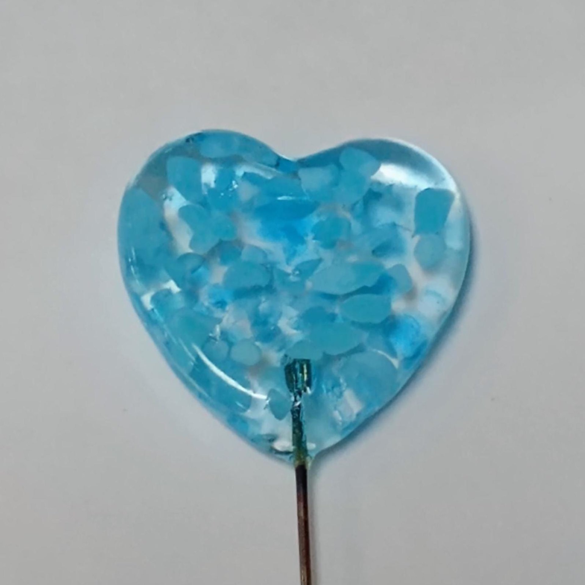 Glass Heart Turquoise Plant Pick on 5in wire. Use for floral bouquet, plants, jewelry, wedding cake or table decor, gifts; each unique 3/4in