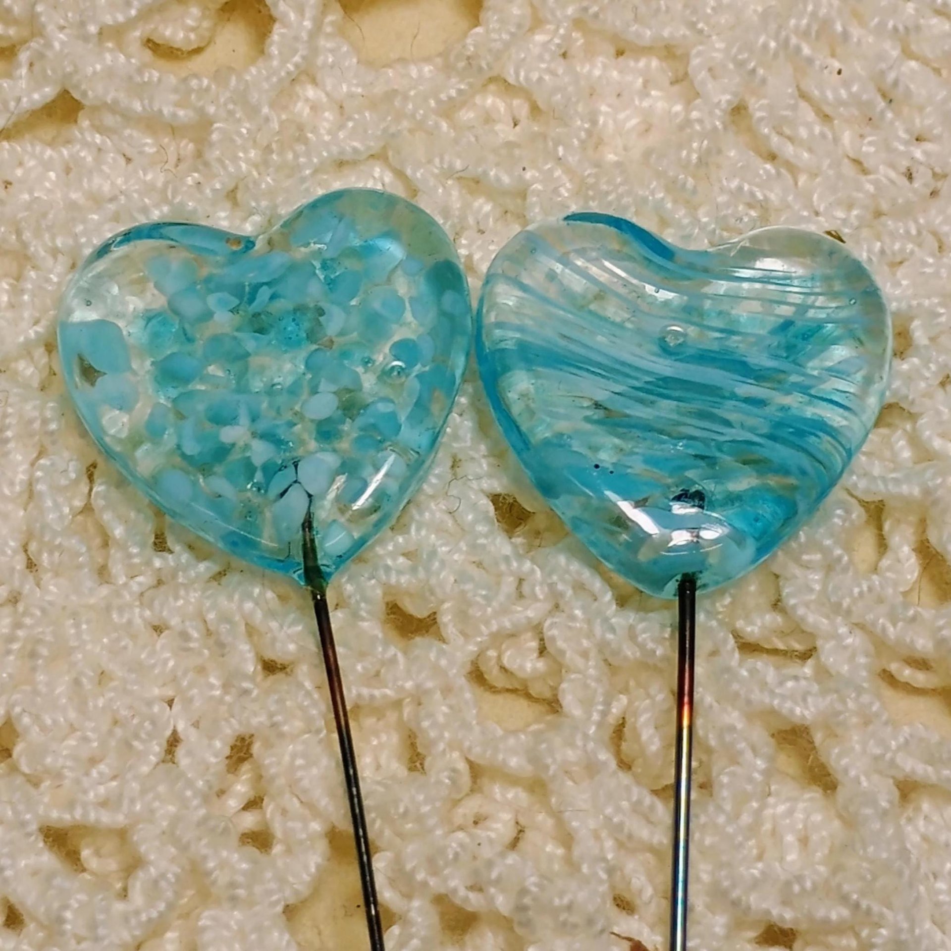 Glass Heart Turquoise Plant Pick on 5in wire. Use for floral bouquet, plants, jewelry, wedding cake or table decor, gifts; each unique 3/4in