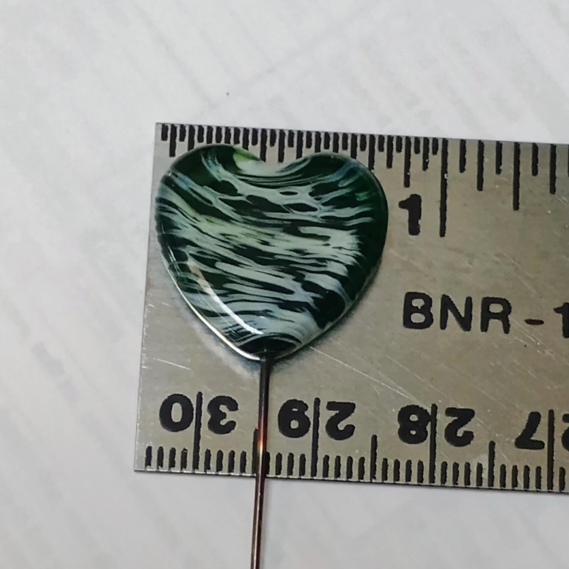 Glass Heart Plant Pick, Green White Swirl on 5in wire. Use for floral bouquet, wedding, cake decor, plants, jewelry, gifts; handmade 3/4in