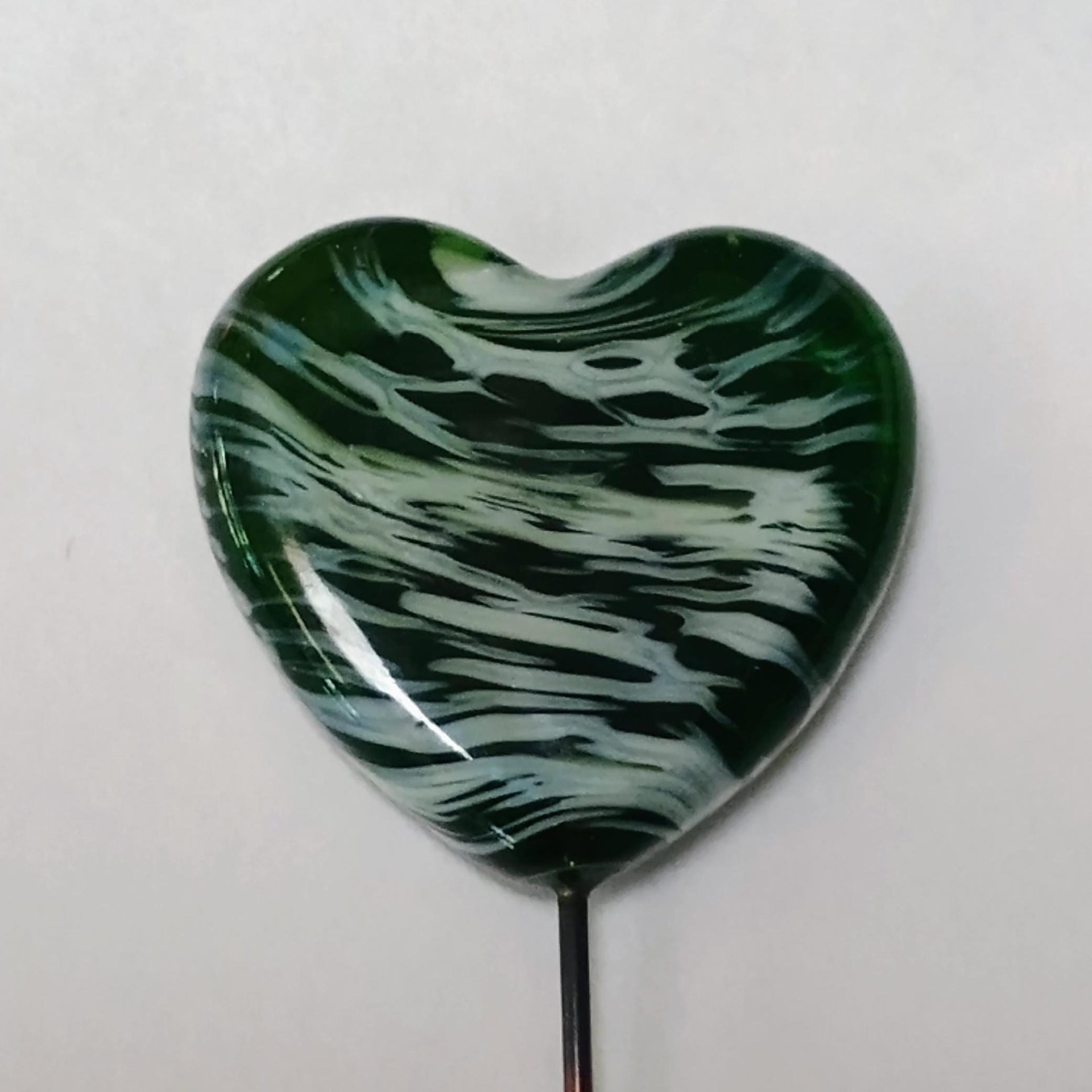 Glass Heart Plant Pick, Green White Swirl on 5in wire. Use for floral bouquet, wedding, cake decor, plants, jewelry, gifts; handmade 3/4in