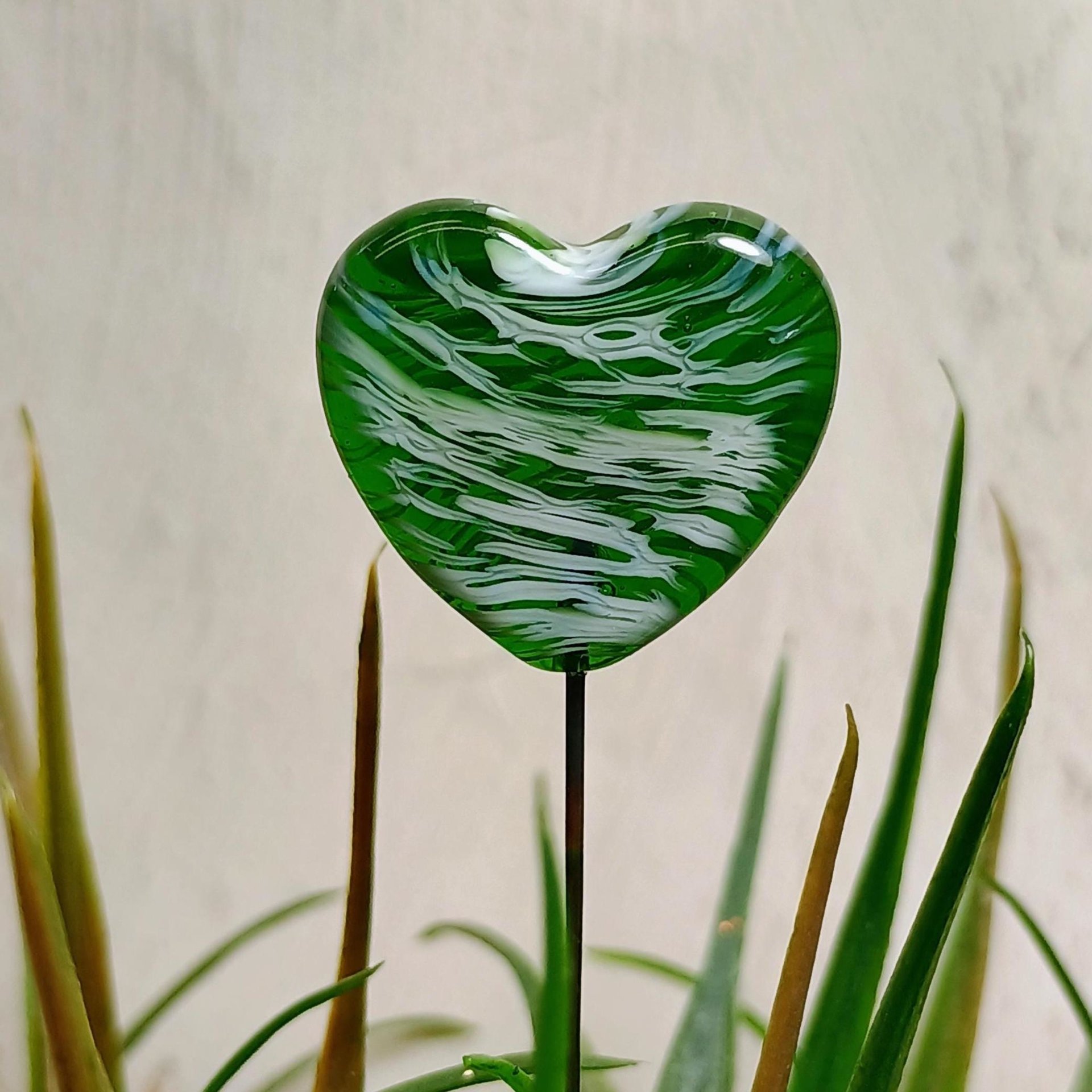 Glass Heart Plant Pick, Green White Swirl on 5in wire. Use for floral bouquet, wedding, cake decor, plants, jewelry, gifts; handmade 3/4in