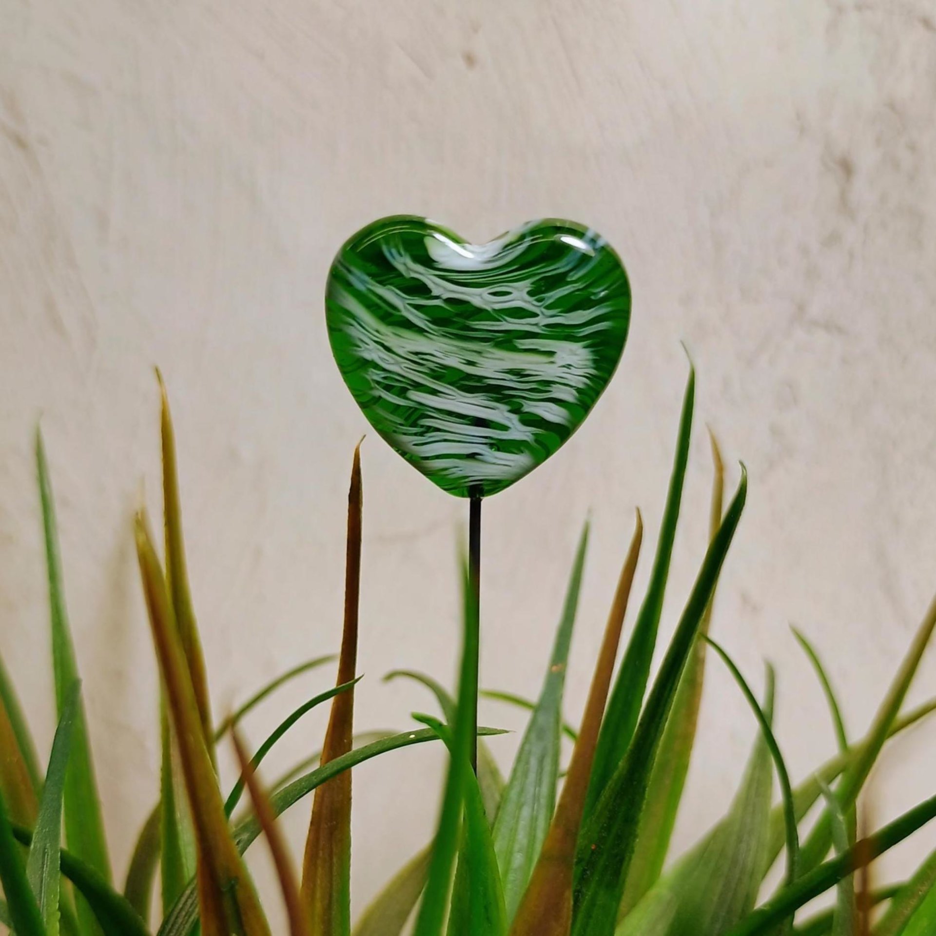 Glass Heart Plant Pick, Green White Swirl on 5in wire. Use for floral bouquet, wedding, cake decor, plants, jewelry, gifts; handmade 3/4in