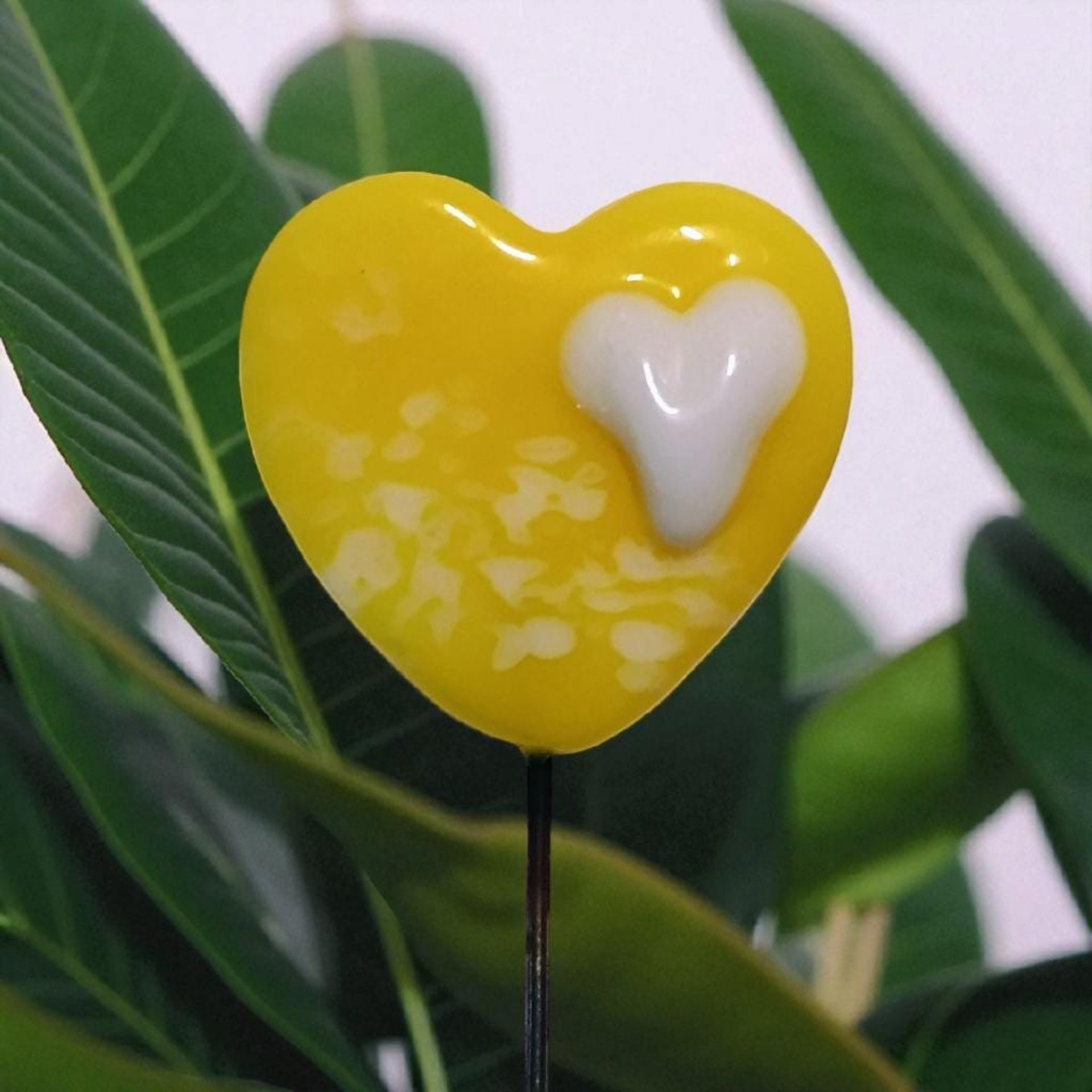 Glass Heart Plant Pick Bright Yellow w/ white heart on 5in wire. Use for floral bouquet, wedding, cake decor, plants, jewelry, gifts; 3/4in