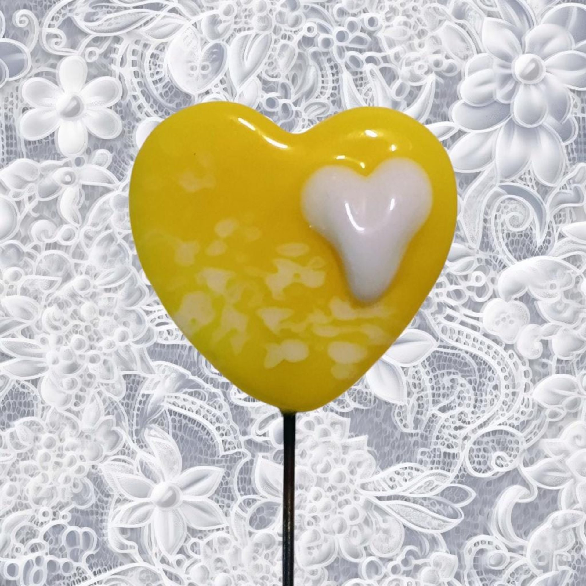 Glass Heart Plant Pick Bright Yellow w/ white heart on 5in wire. Use for floral bouquet, wedding, cake decor, plants, jewelry, gifts; 3/4in
