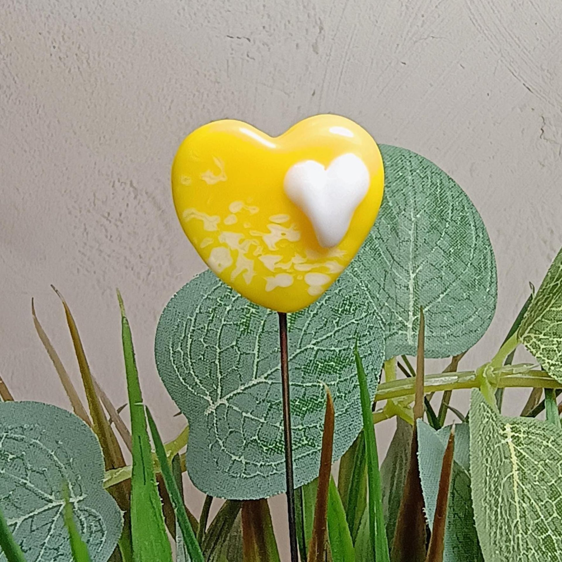 Glass Heart Plant Pick Bright Yellow w/ white heart on 5in wire. Use for floral bouquet, wedding, cake decor, plants, jewelry, gifts; 3/4in