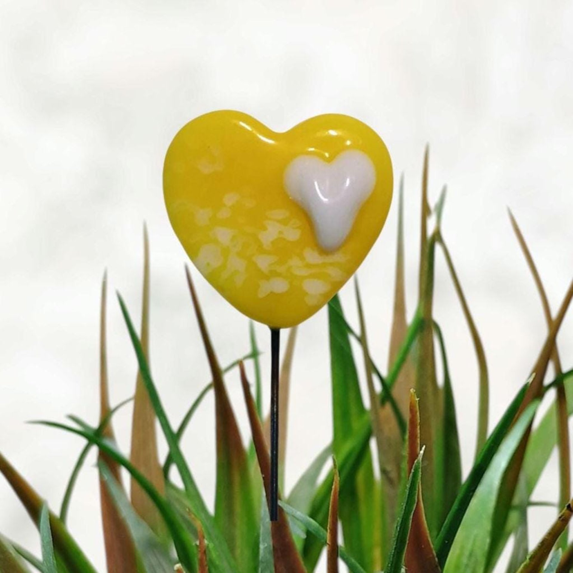 Glass Heart Plant Pick Bright Yellow w/ white heart on 5in wire. Use for floral bouquet, wedding, cake decor, plants, jewelry, gifts; 3/4in