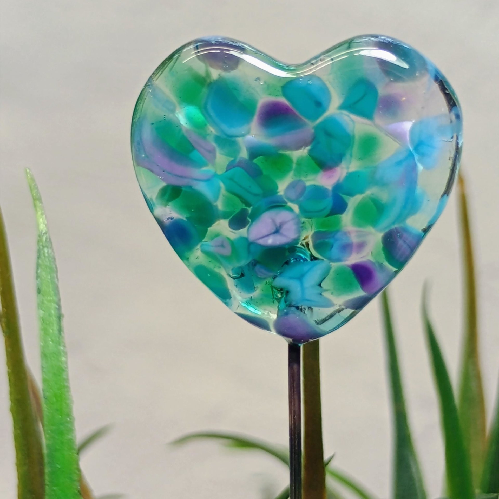 Glass Heart Plant Pick: Emerald Island, Heart on 5in wire. Use for floral bouquet, plants, jewelry, gifts; each unique Measures 3/4in