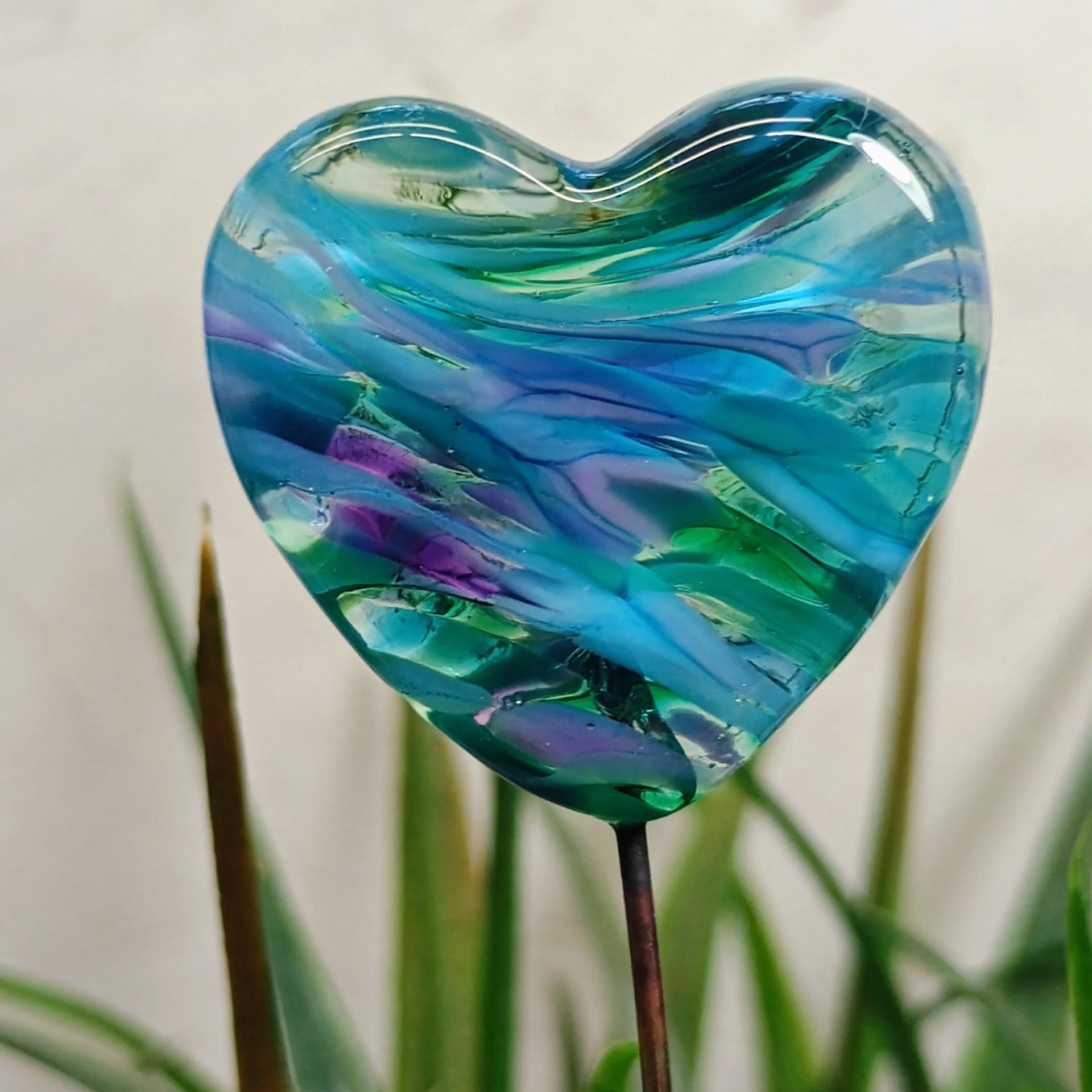 Glass Heart Plant Pick: Emerald Island, Heart on 5in wire. Use for floral bouquet, plants, jewelry, gifts; each unique Measures 3/4in