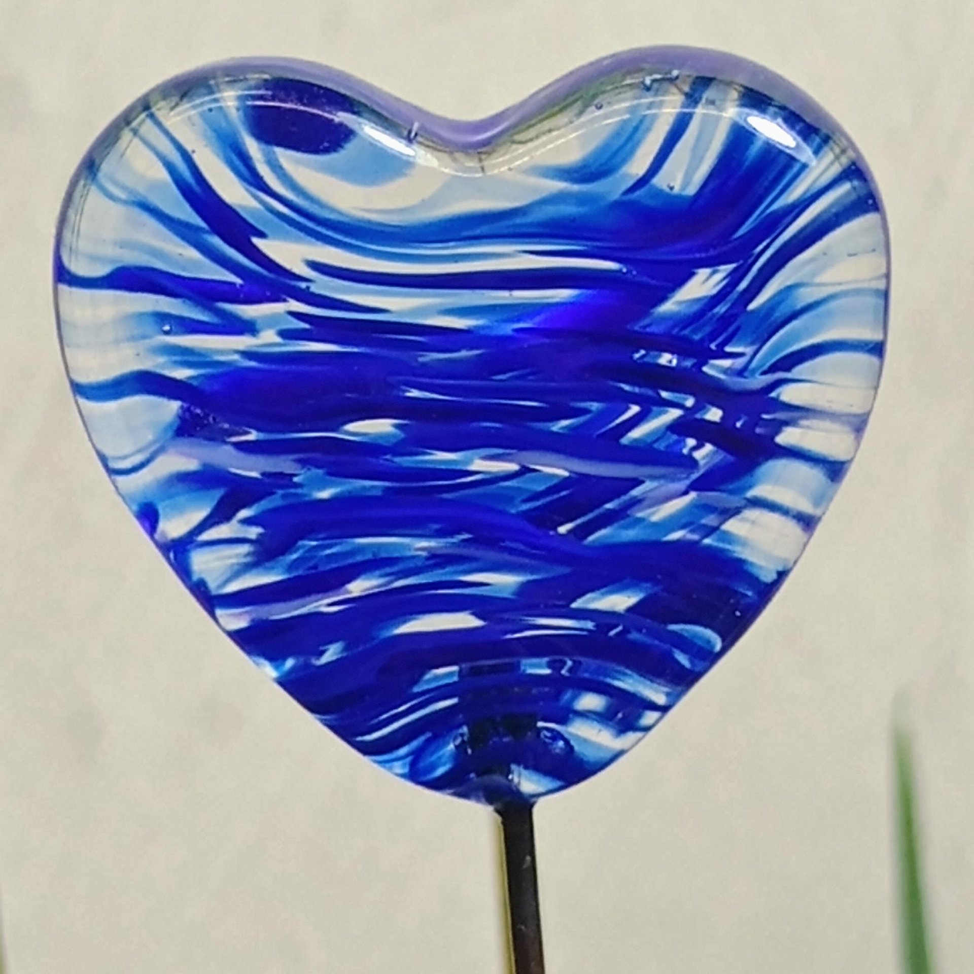 Glass Heart Plant Pick, Dark Blue Mix on clear 5in wire. Use for floral bouquet, wedding, cake decor, plants, jewelry, gifts; handmade 3/4in