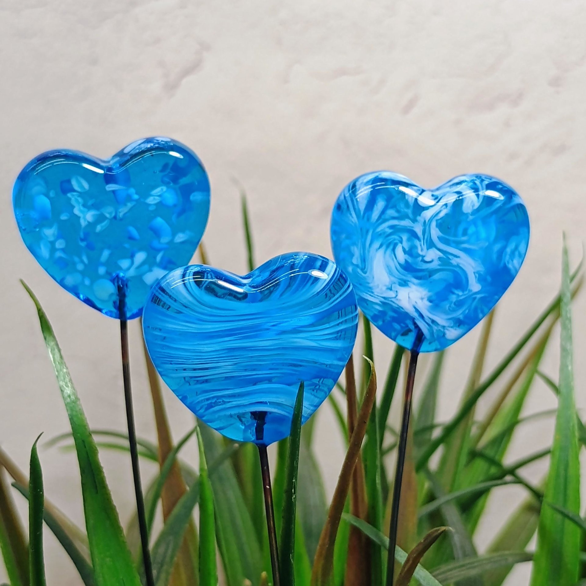 Glass Heart Plant Pick: Aqua and White, Heart on 5in wire. Use for floral bouquet, plants, jewelry, gifts; each unique handmade, 3/4in