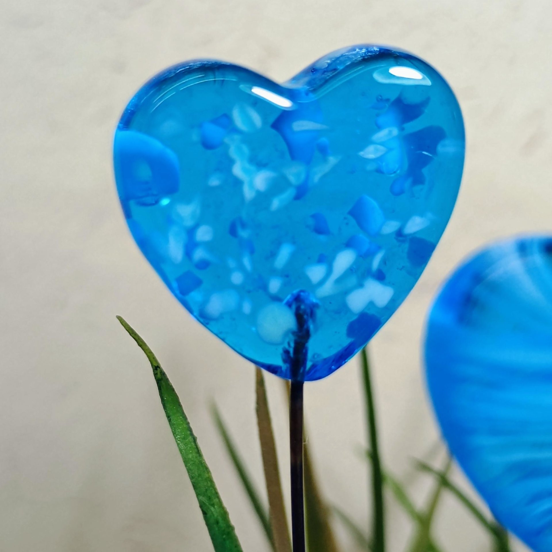 Glass Heart Plant Pick: Aqua and White, Heart on 5in wire. Use for floral bouquet, plants, jewelry, gifts; each unique handmade, 3/4in