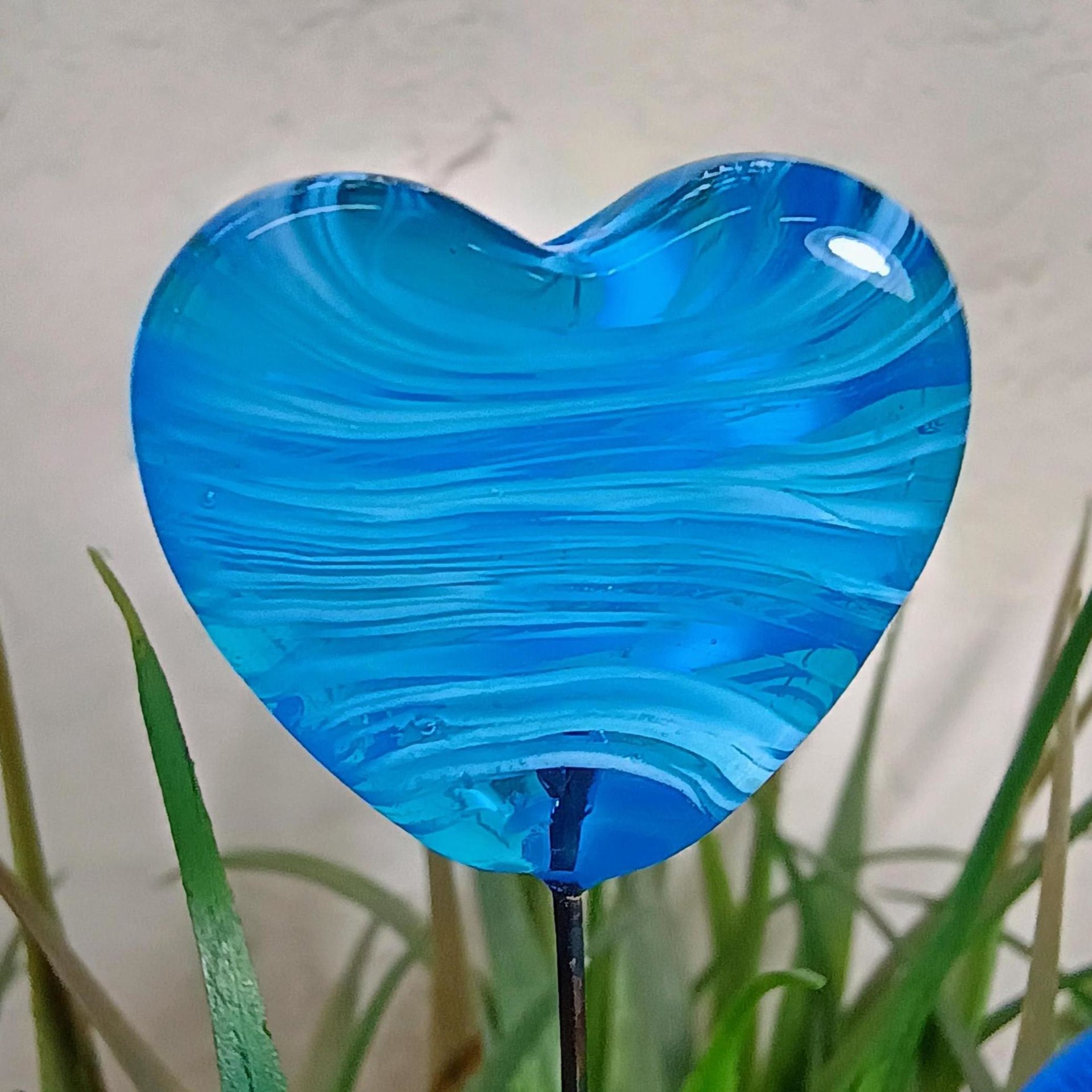 Glass Heart Plant Pick: Aqua and White, Heart on 5in wire. Use for floral bouquet, plants, jewelry, gifts; each unique handmade, 3/4in