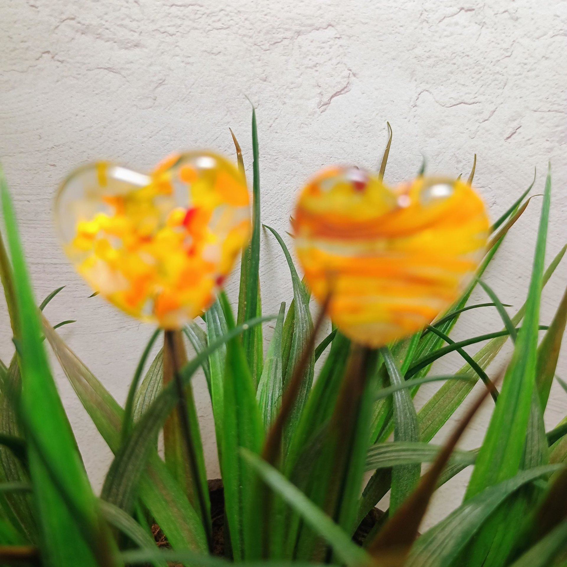 Glass Heart Yellow SunSprinkles Plant Pick on 5in wire. Floral bouquet, plants, jewelry, wedding cake, table decor, gifts; each unique 3/4in