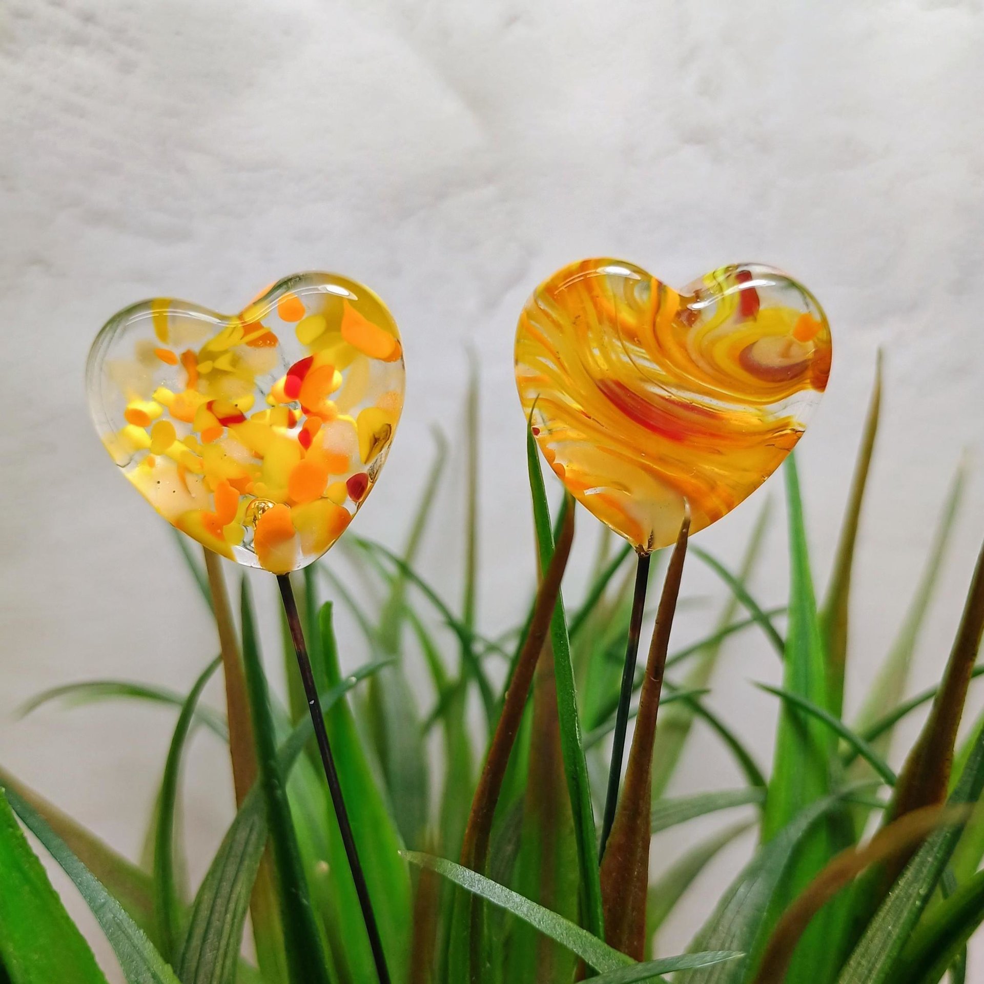 Glass Heart Yellow SunSprinkles Plant Pick on 5in wire. Floral bouquet, plants, jewelry, wedding cake, table decor, gifts; each unique 3/4in