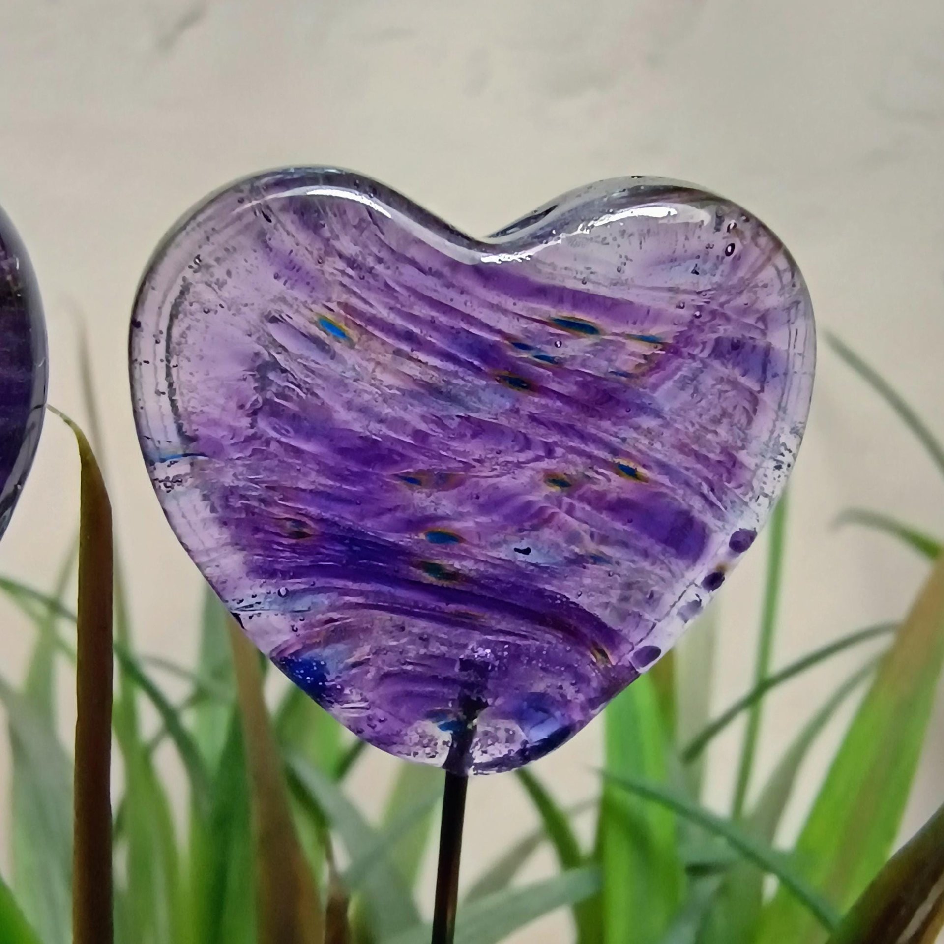 Glass Heart Plant Pick, Purple Mix on clear, 5in wire. Use for floral bouquet, wedding, cake decor, plants, jewelry, gifts; handmade 3/4in
