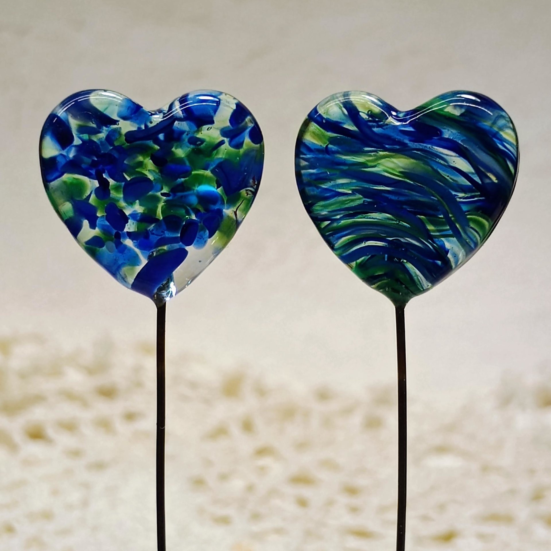 Glass Heart Plant Pick: Green Blue Frit Swirl, Heart on 5in wire. Use for floral bouquet, plants, jewelry, gifts; each unique Measures 3/4in