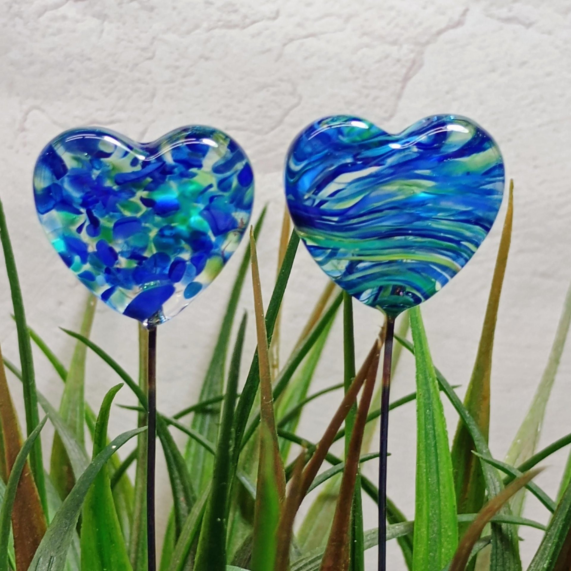 Glass Heart Plant Pick: Green Blue Frit Swirl, Heart on 5in wire. Use for floral bouquet, plants, jewelry, gifts; each unique Measures 3/4in