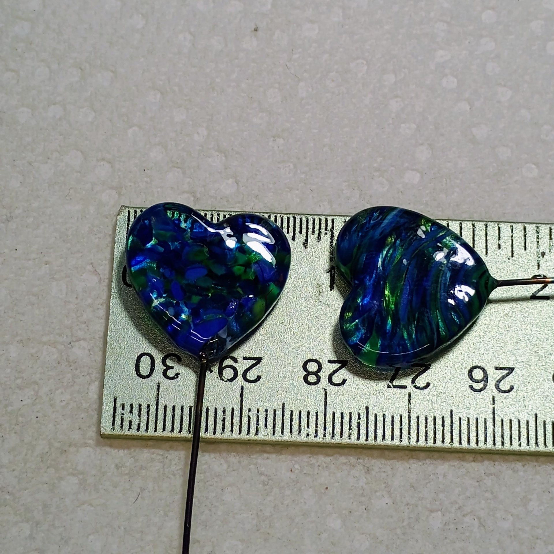 Glass Heart Plant Pick: Green Blue Frit Swirl, Heart on 5in wire. Use for floral bouquet, plants, jewelry, gifts; each unique Measures 3/4in