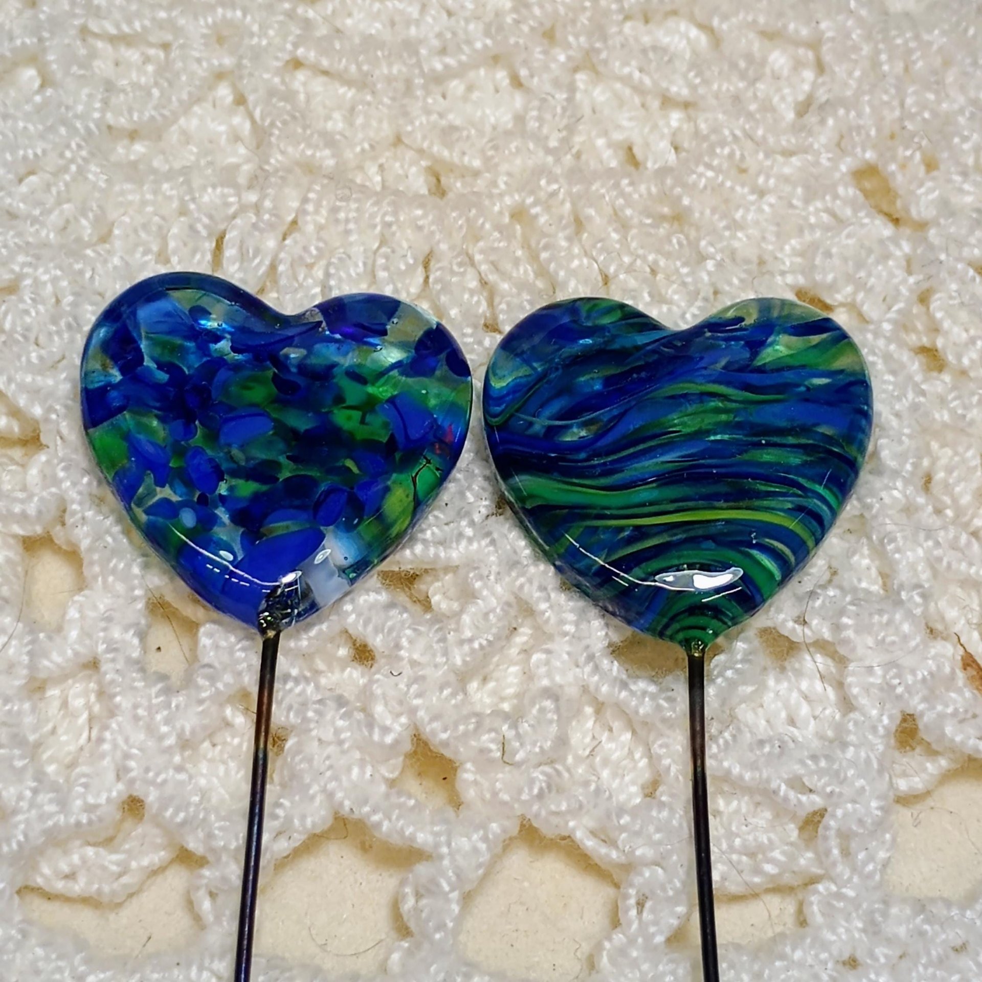 Glass Heart Plant Pick: Green Blue Frit Swirl, Heart on 5in wire. Use for floral bouquet, plants, jewelry, gifts; each unique Measures 3/4in
